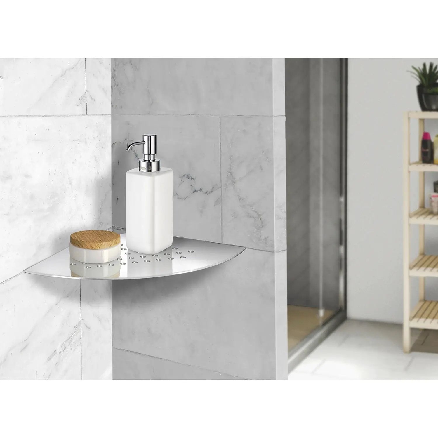 polished stainless steel corner shelf