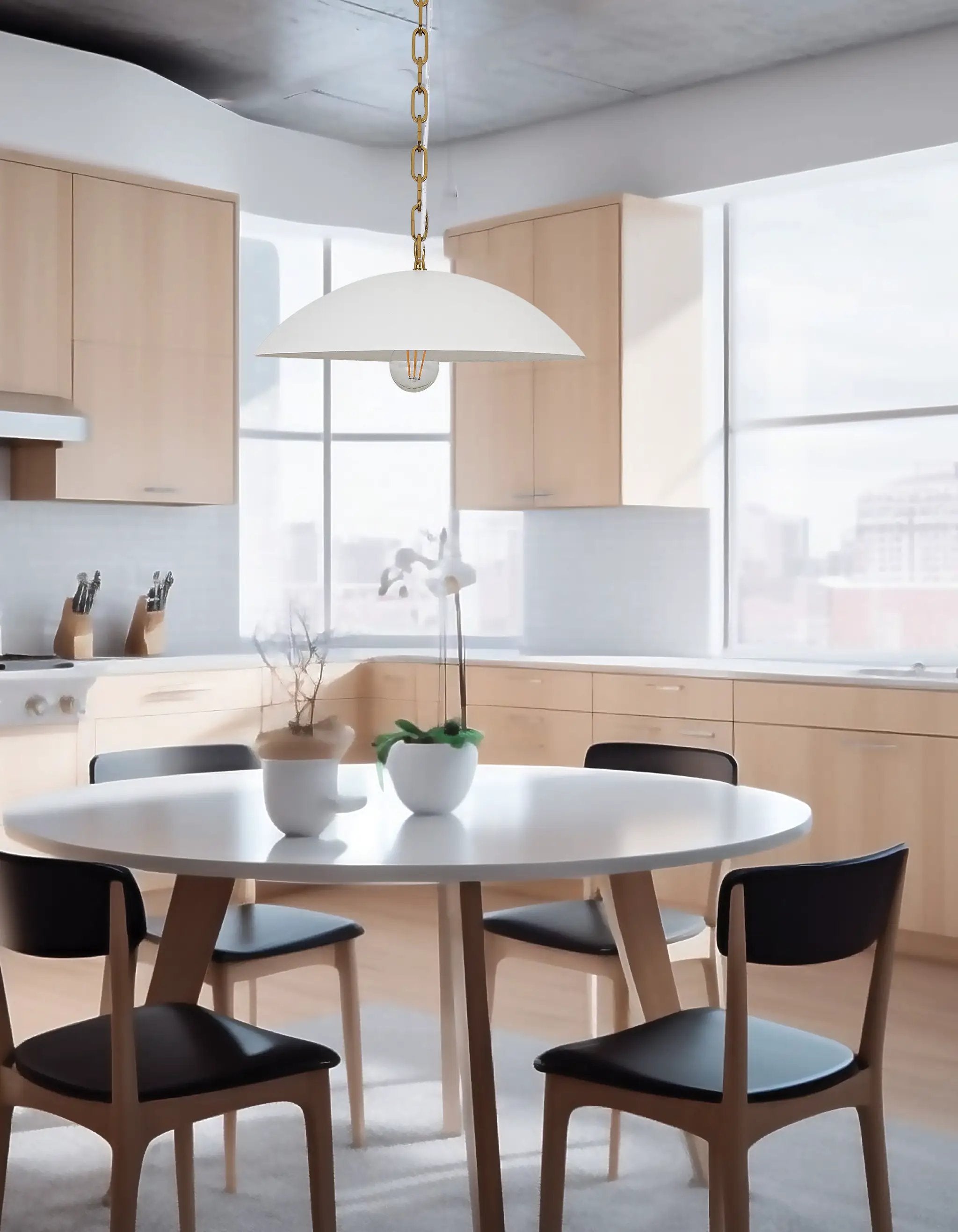 matte white with aged brass pendants