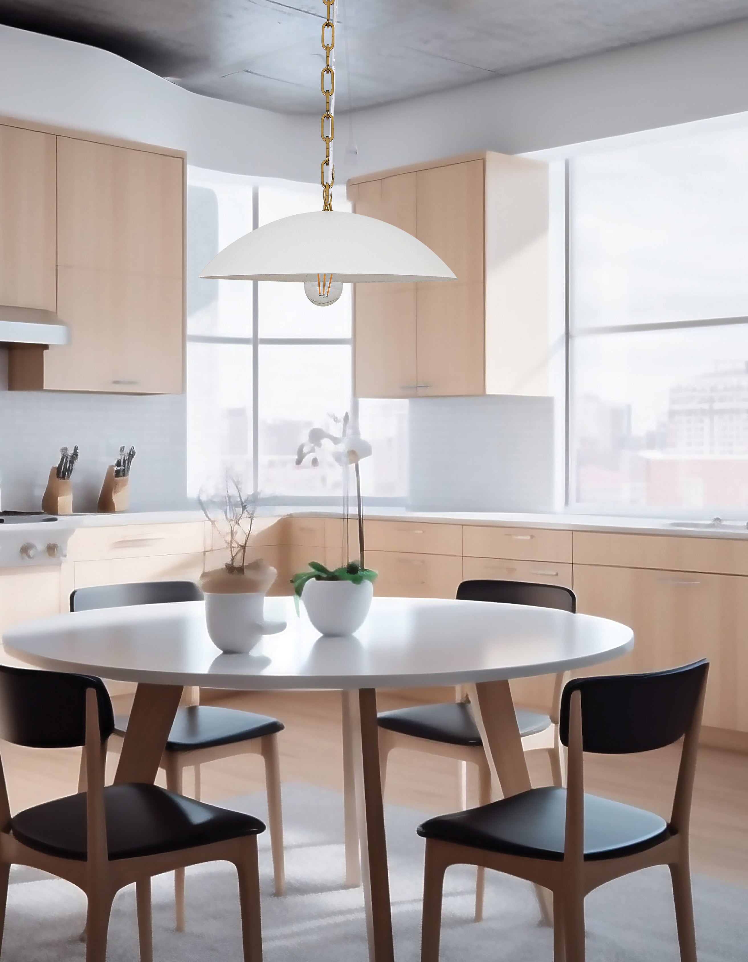 matte white with aged brass pendants
