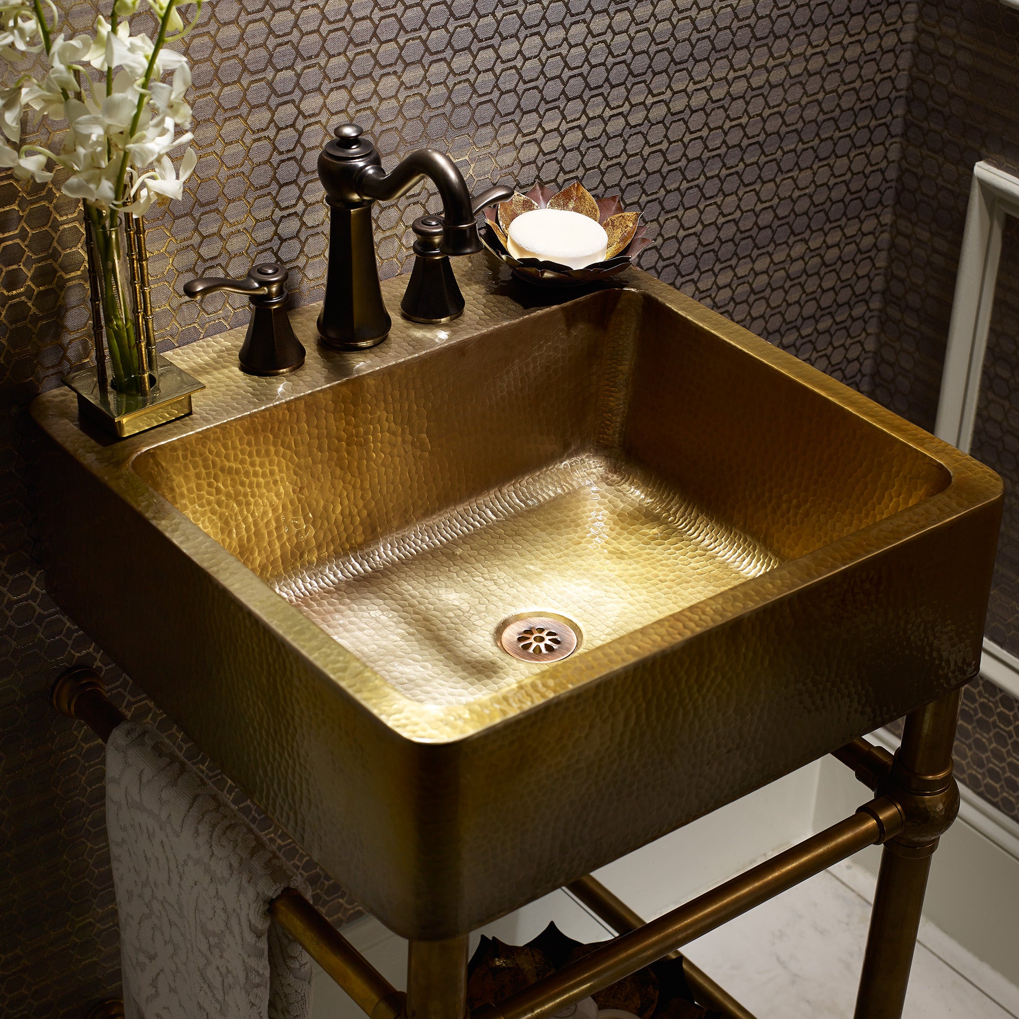 sink: satin brass hammered vanity: brass with glass shelf sink
