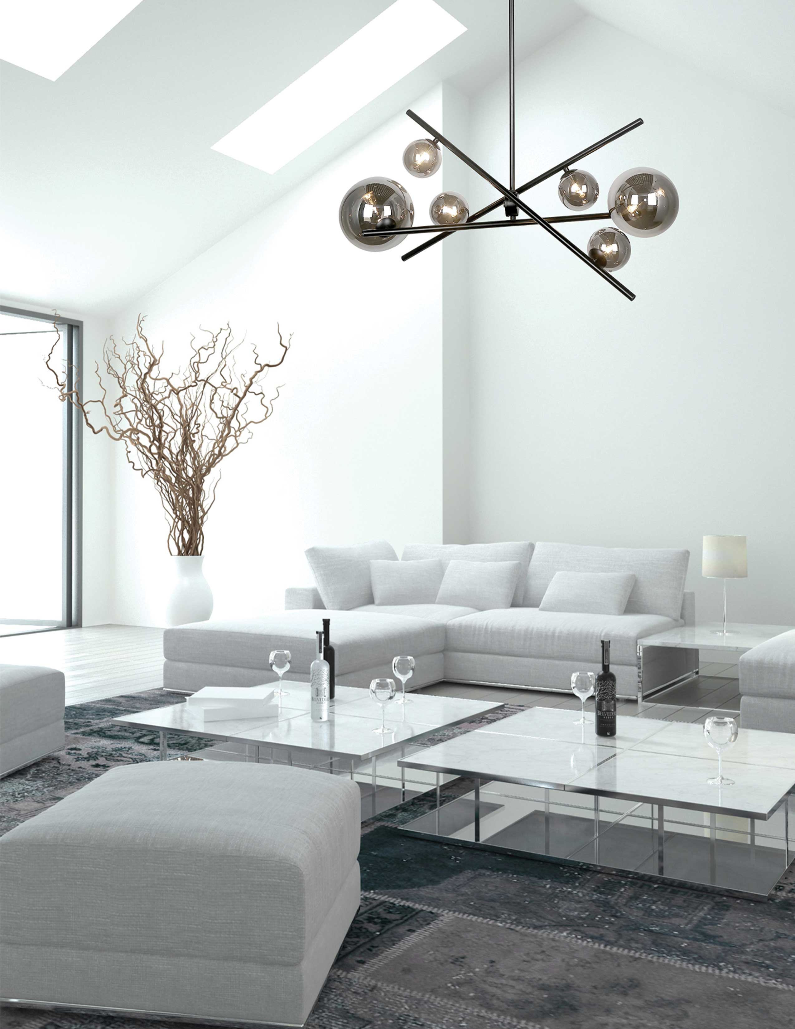 matte black with smoked glass pendants