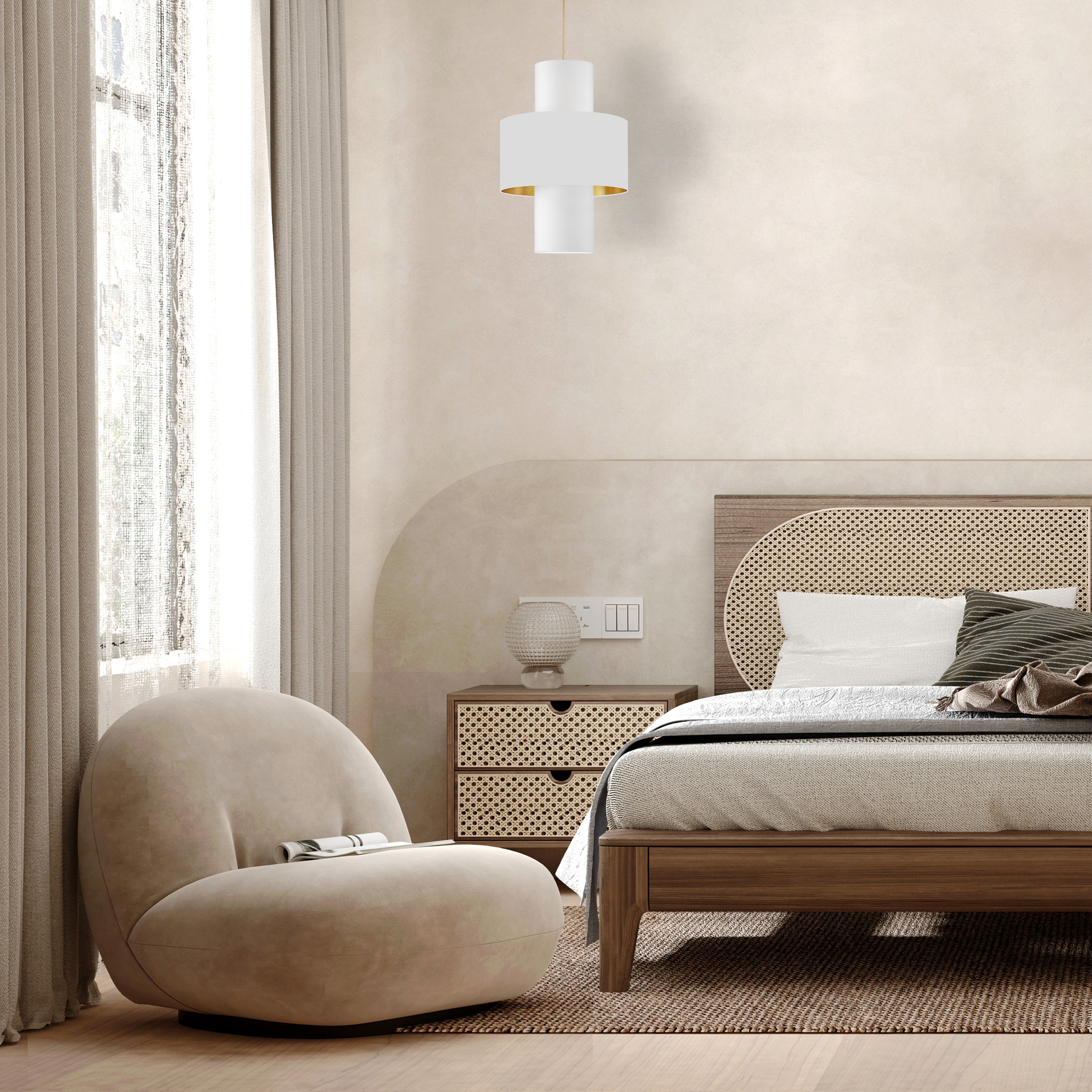 aged brass with white and gold pendants