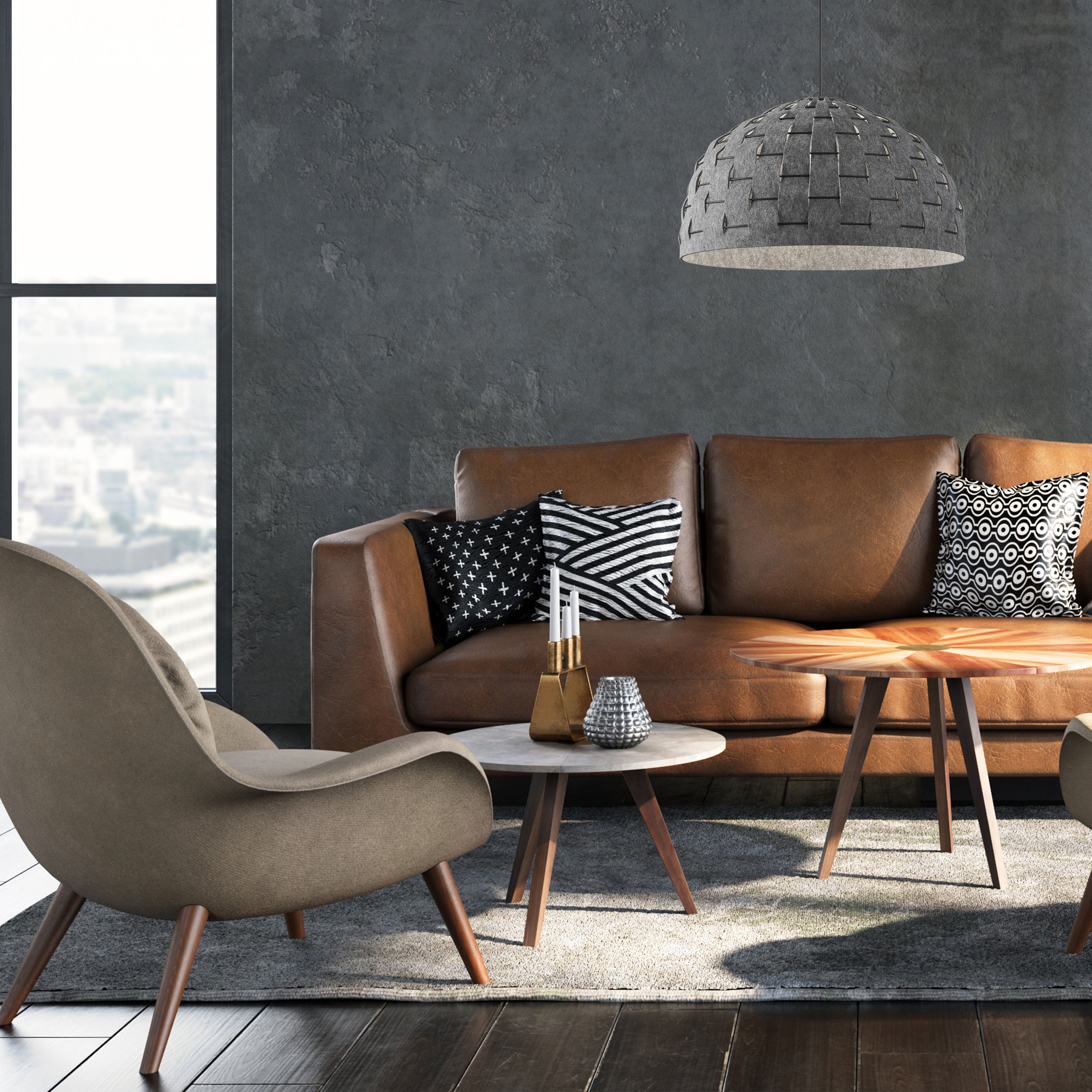 matte black with grey felt shade pendants