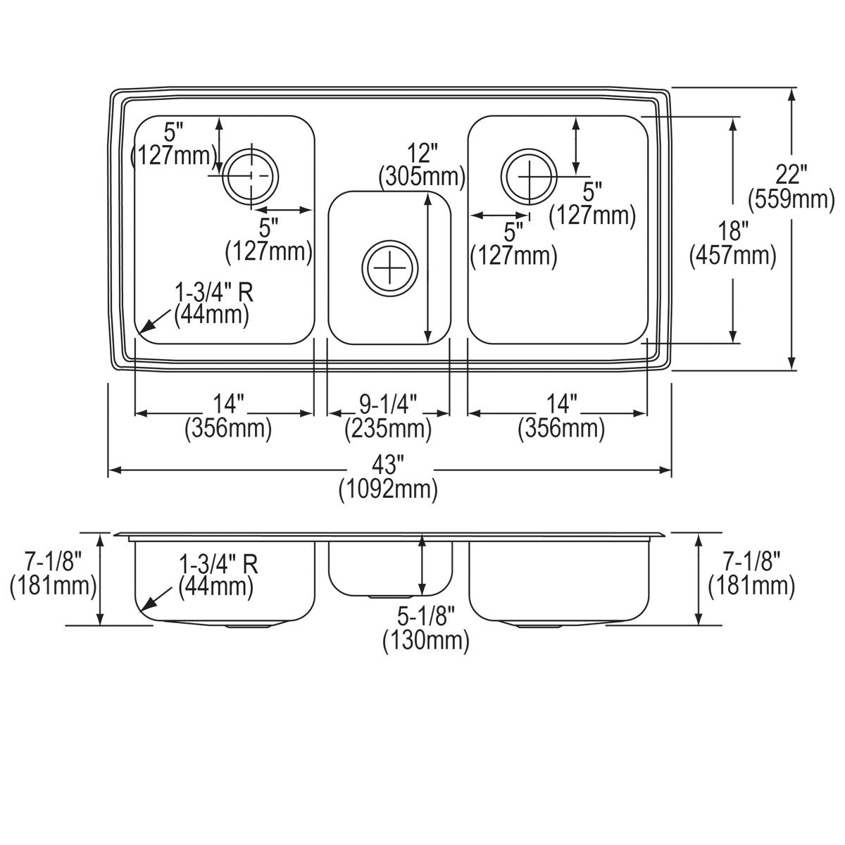 brushed satin triple bowl drop-in sink