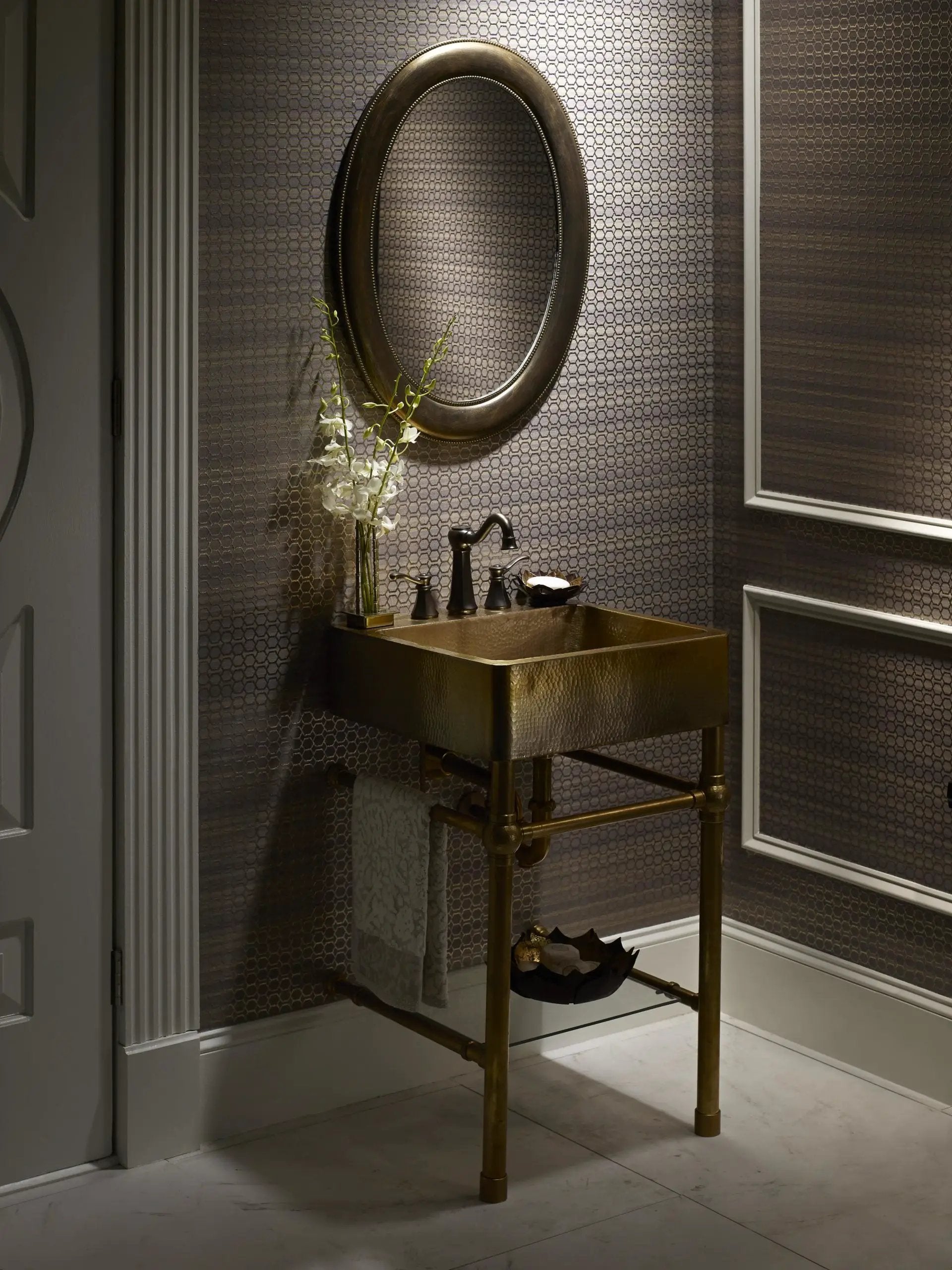 sink: satin brass hammered vanity: brass with glass shelf sink