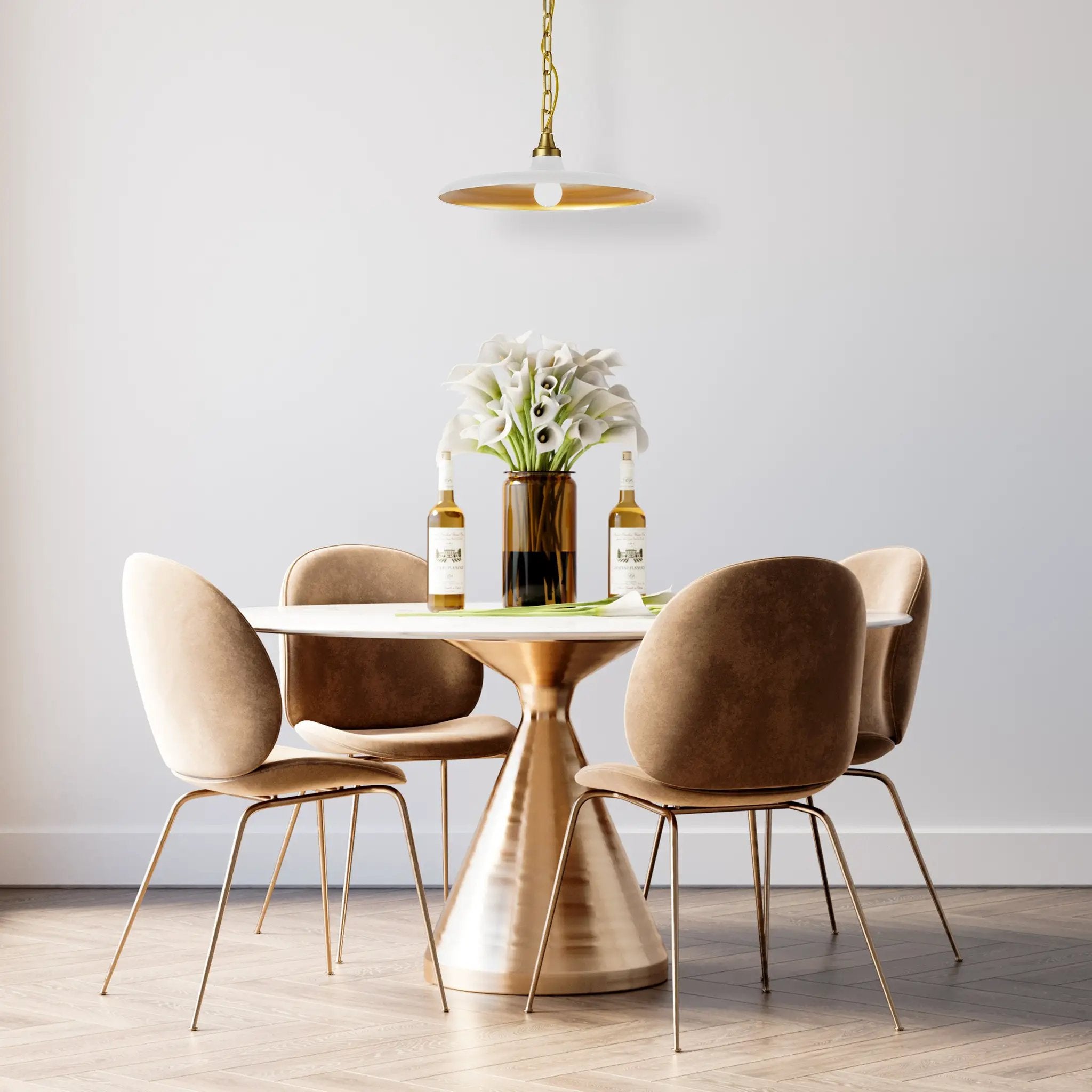 aged brass with matte white pendants