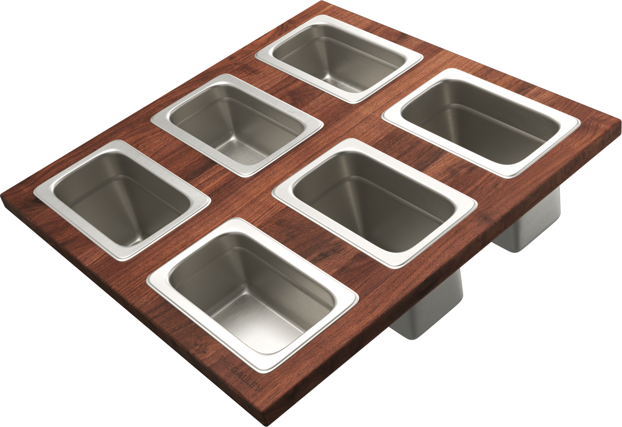 The Galley Dual Tier Condiment Serving Board 17" x 18" with Six Stainless Steel Containers and Lids by The Galley