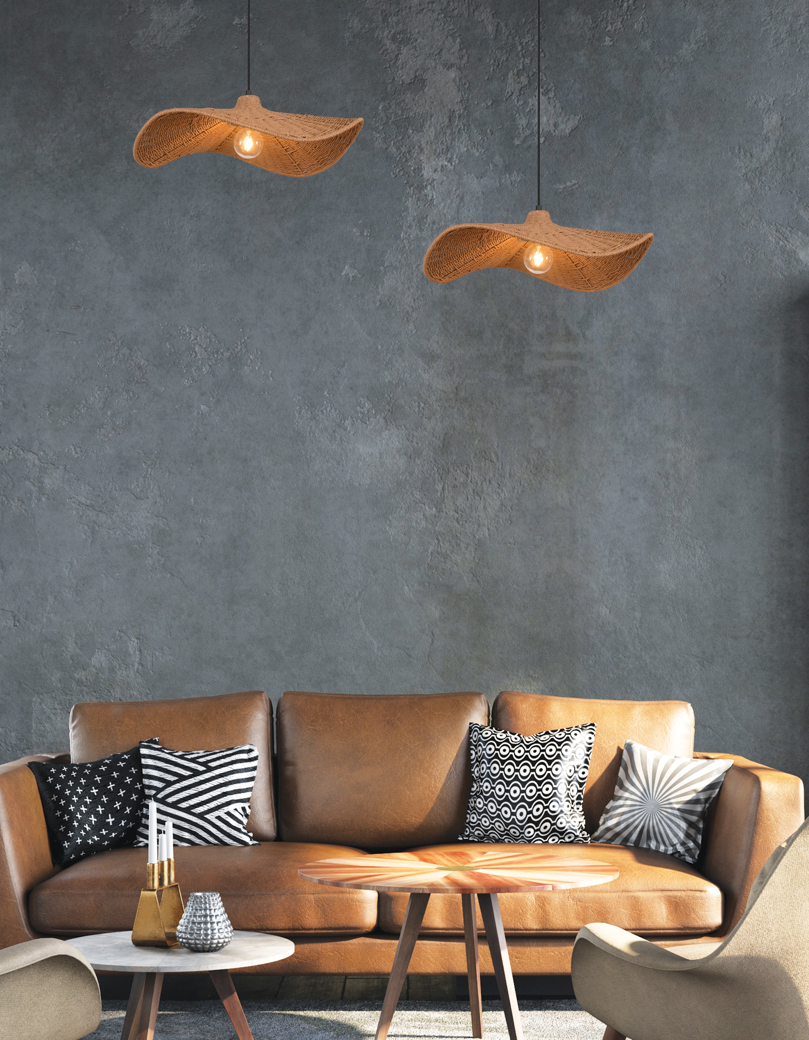 matte black with wavy wicker shade pendants