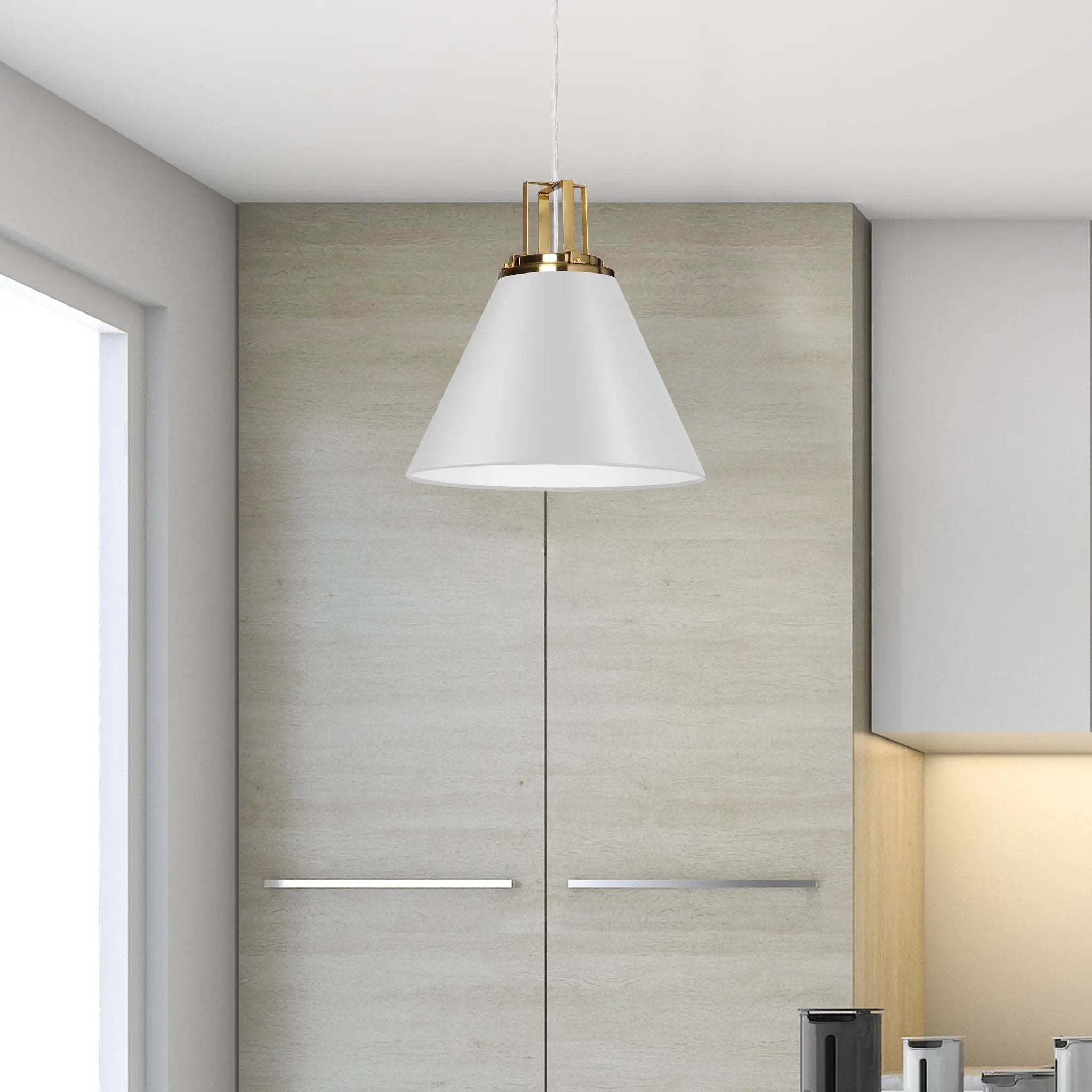 matte white with aged brass accent pendants