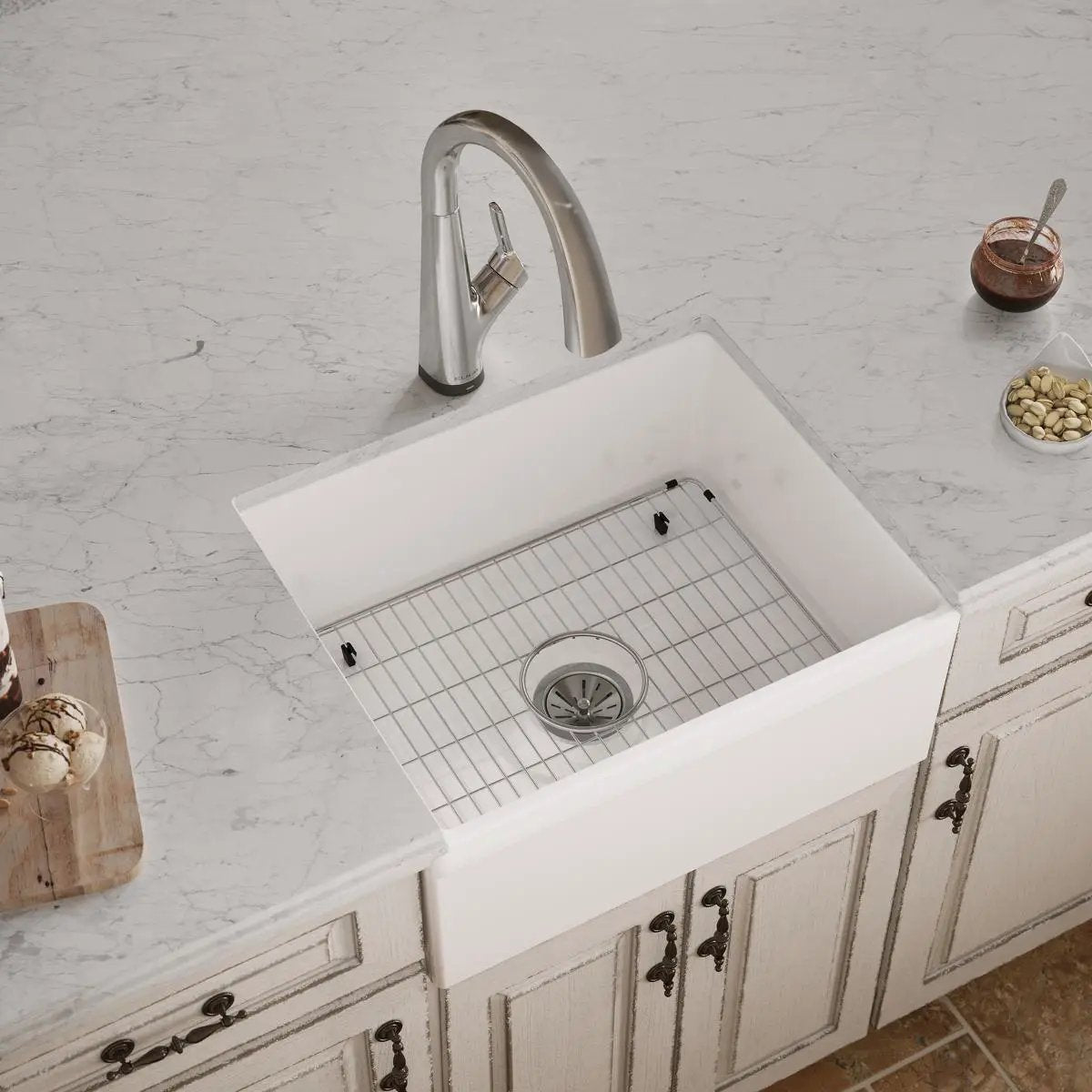 white farmhouse sink