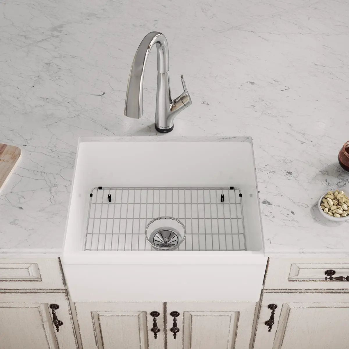 white farmhouse sink