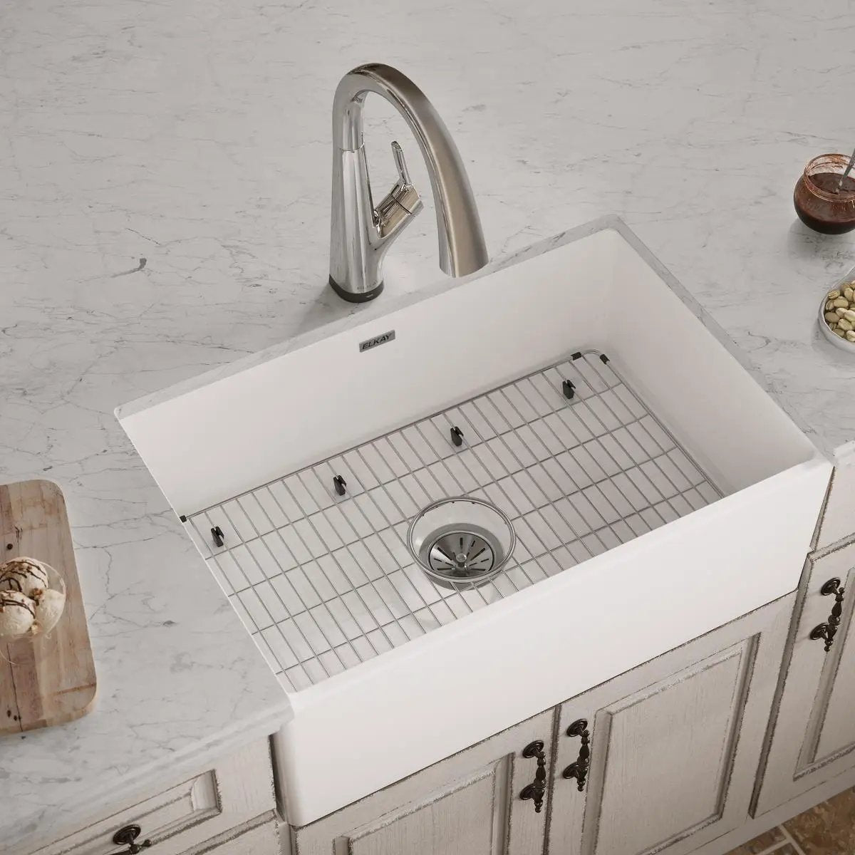 white farmhouse sink