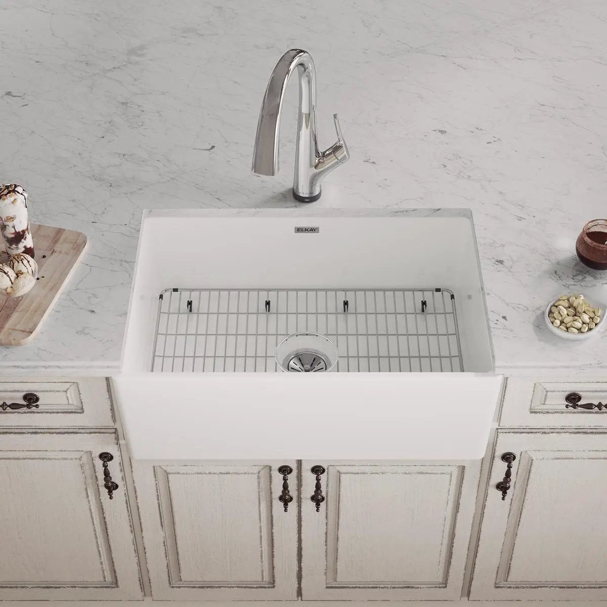 white farmhouse sink
