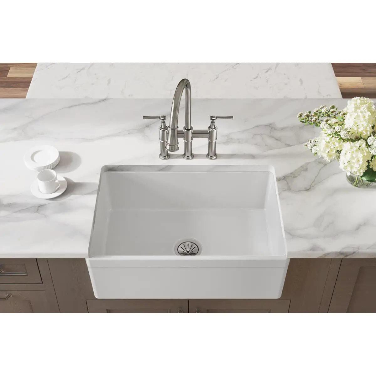 white farmhouse sink
