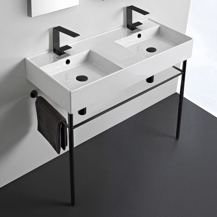 Nameeks Teorema Ceramic Matte Black Console Sink Basin and Leg Combo