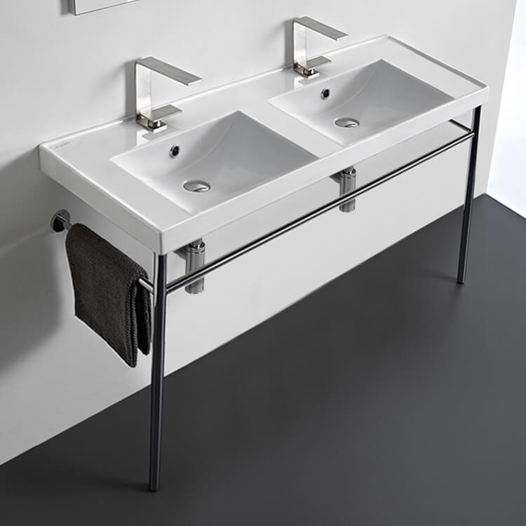 Nameeks Scarabeo 48" Ceramic Double Basin Bathroom Sink for Console Installation - Includes Overflow