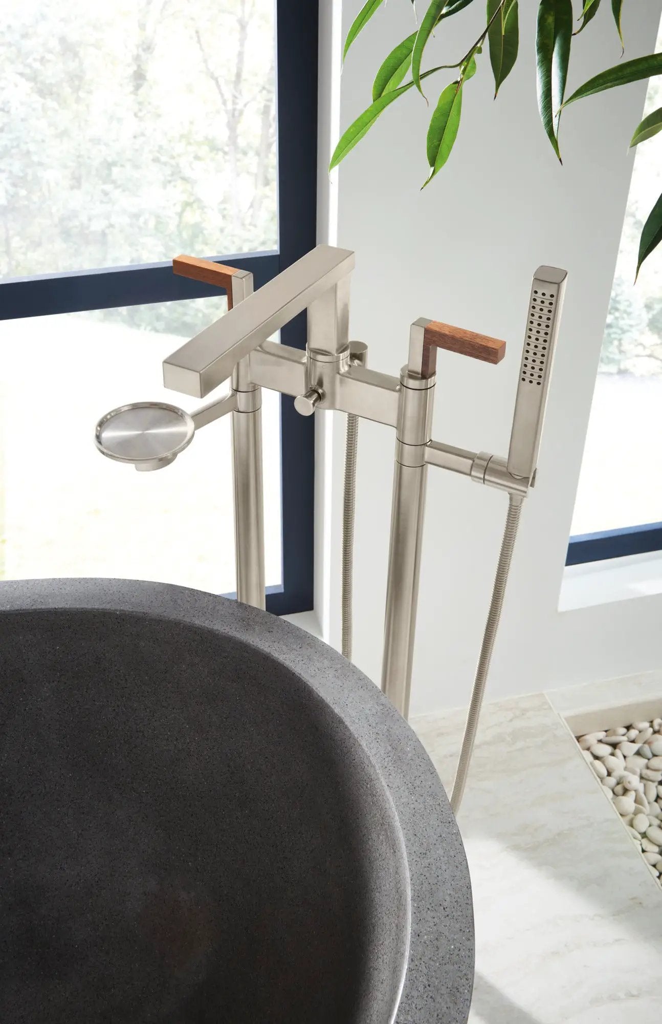 luxe nickel / teak wood tub filler trim kit