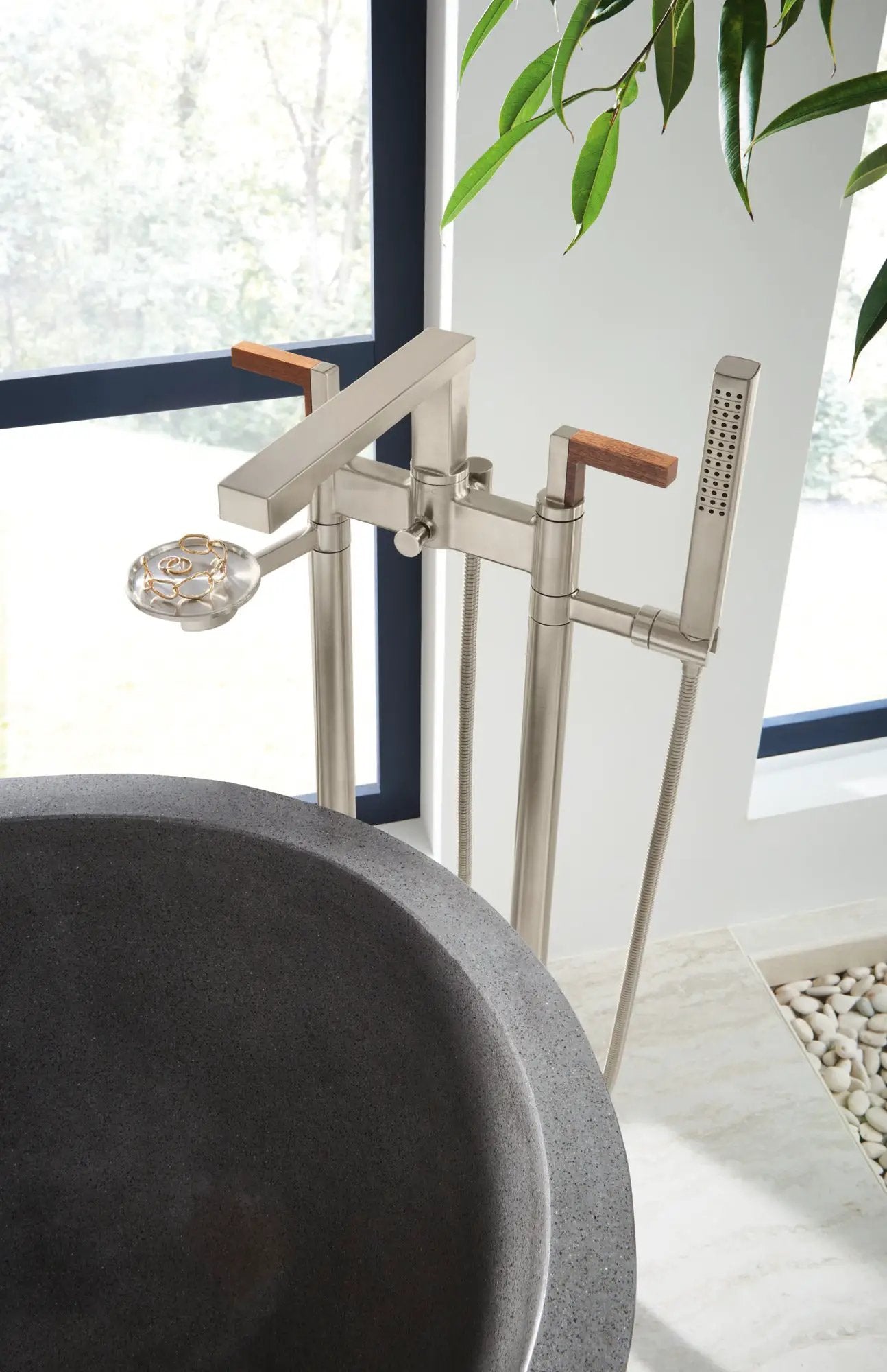 luxe nickel / teak wood tub filler trim kit