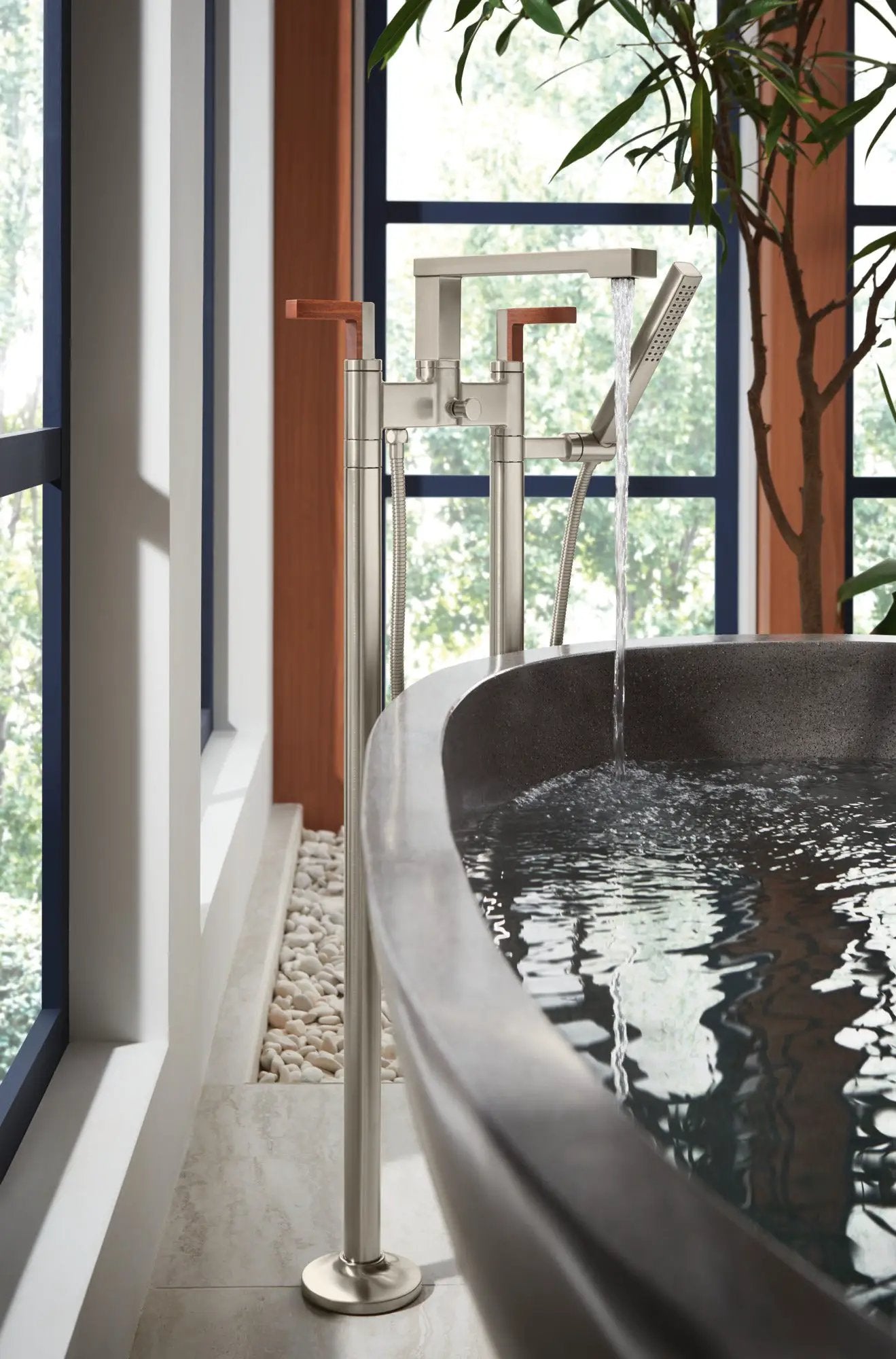 luxe nickel / teak wood tub filler trim kit
