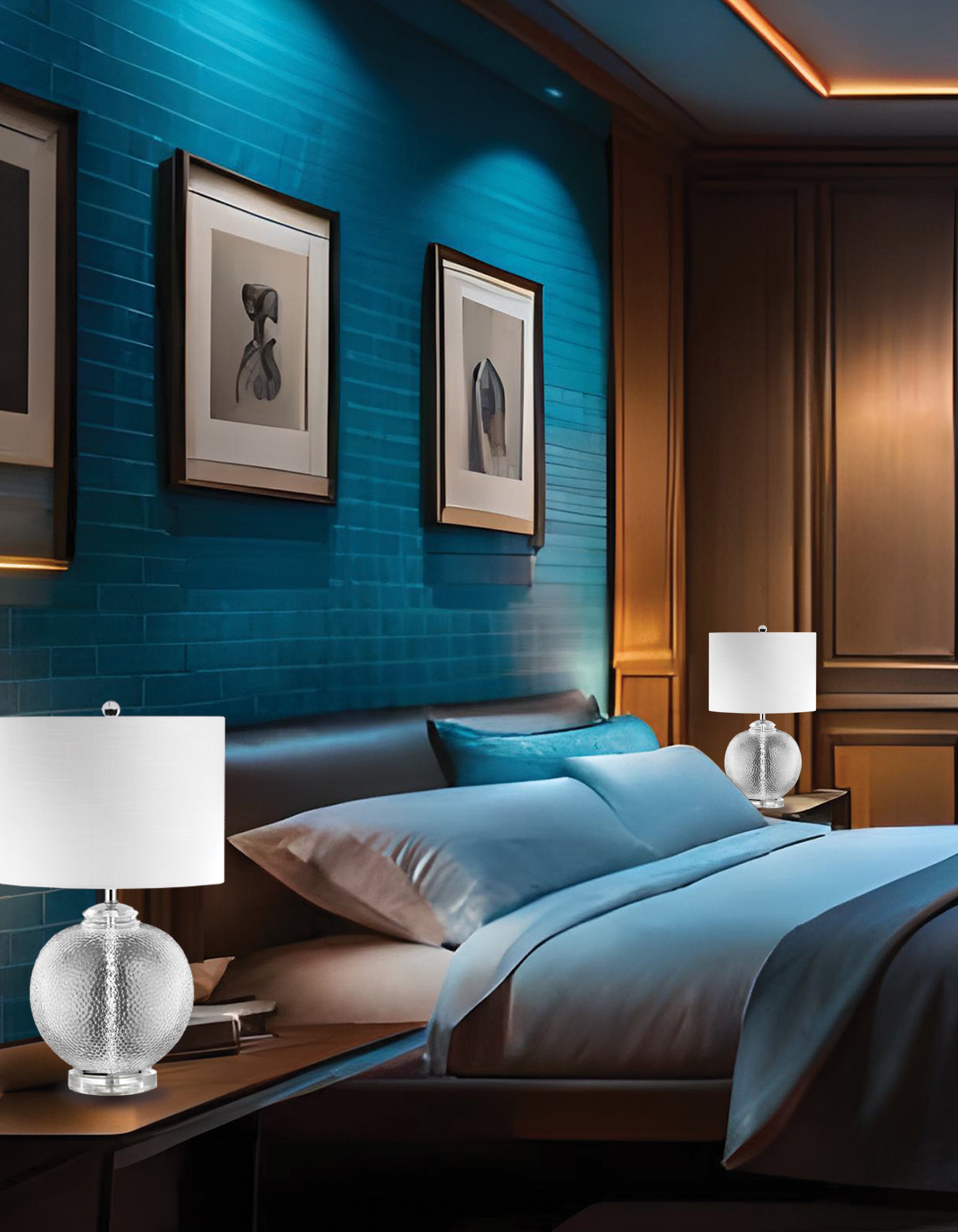 clear with white shade table lamp