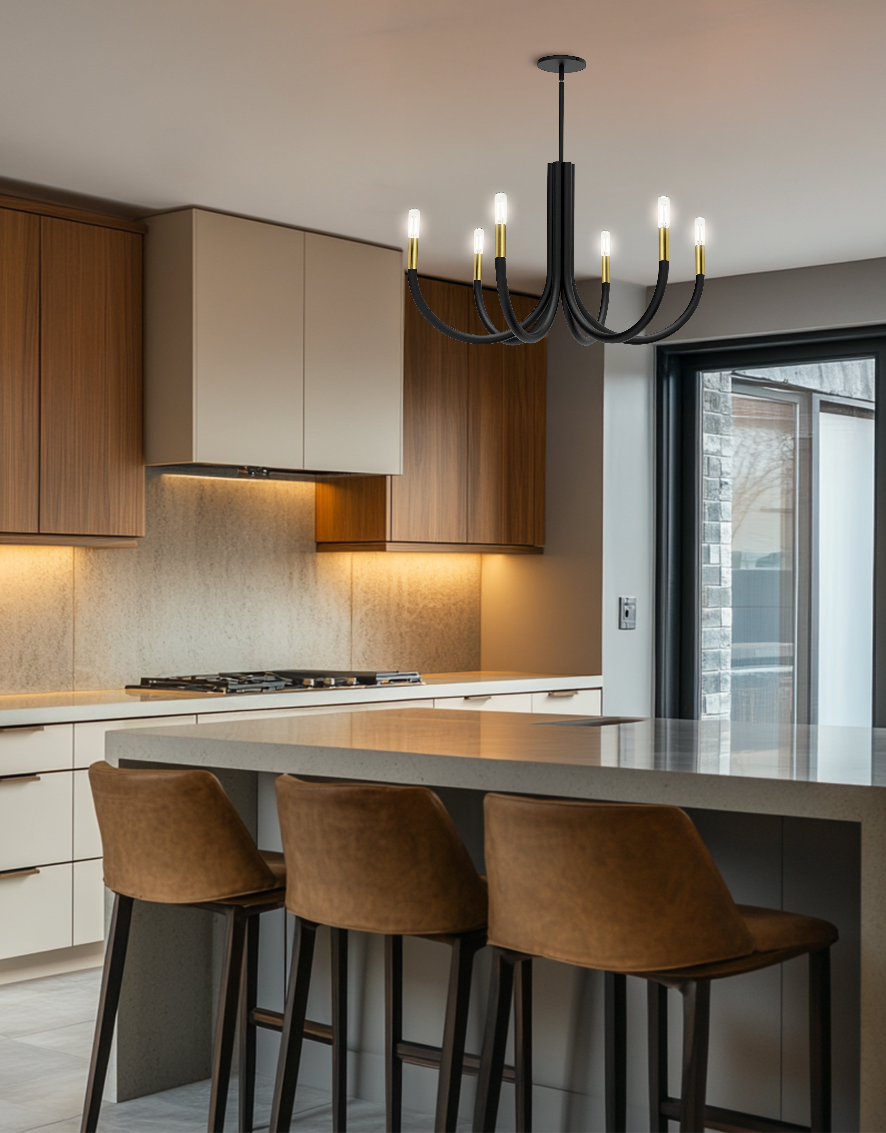 matte black and aged brass chandeliers