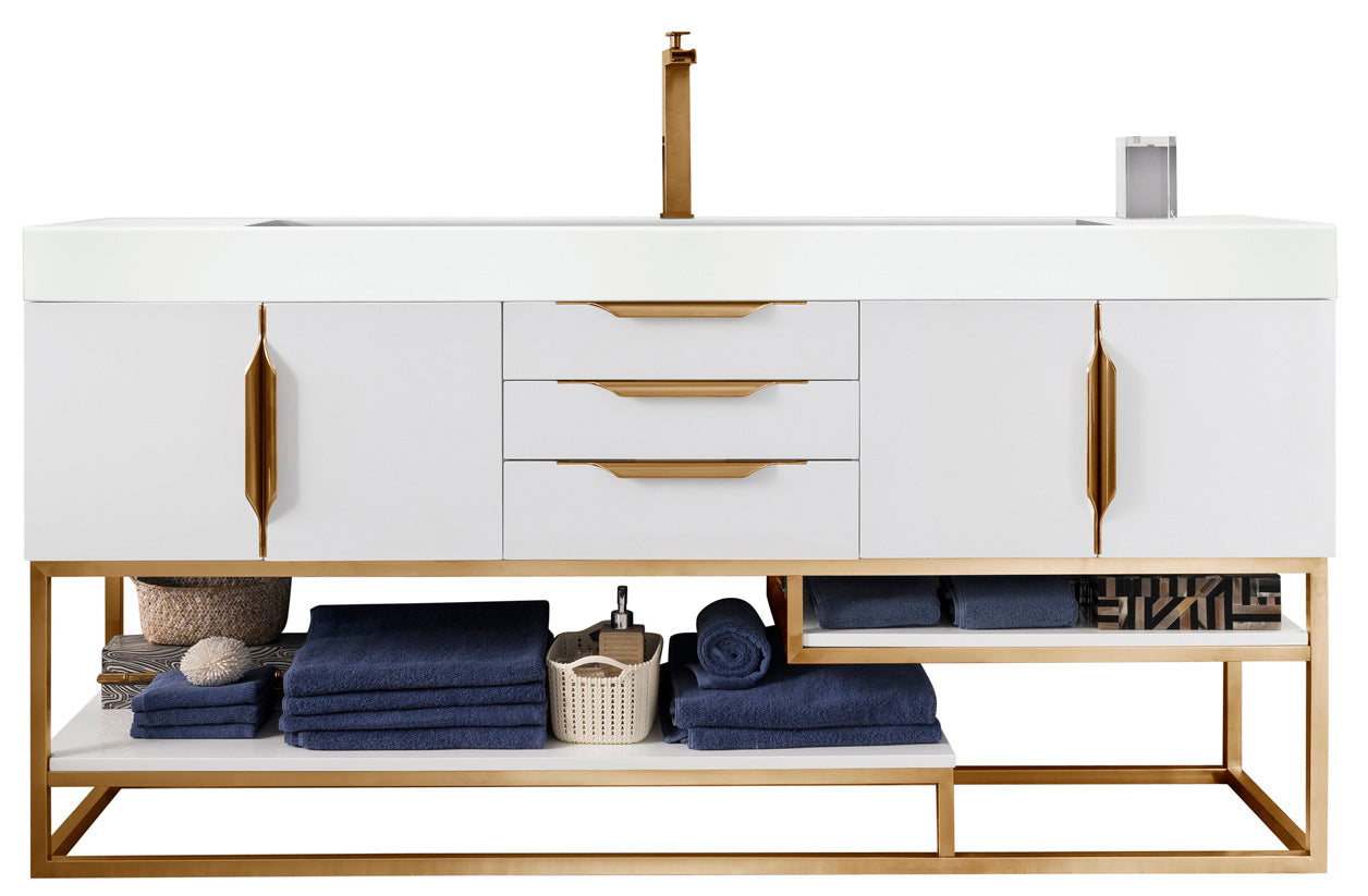 James Martin Vanities Columbia 72" Single Vanity With Radiant Gold Base and Glossy White Composite Stone Top