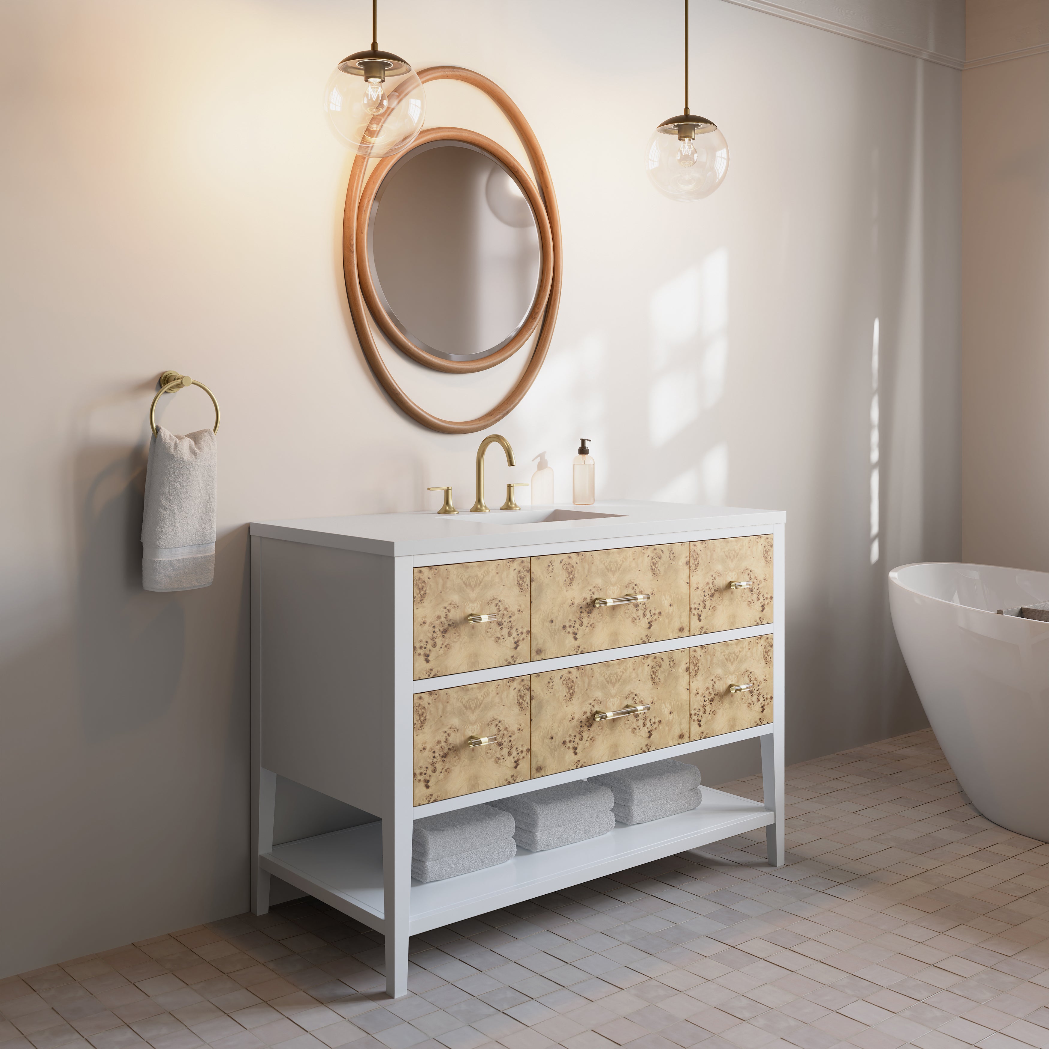 polished white and light mappa burl vanity