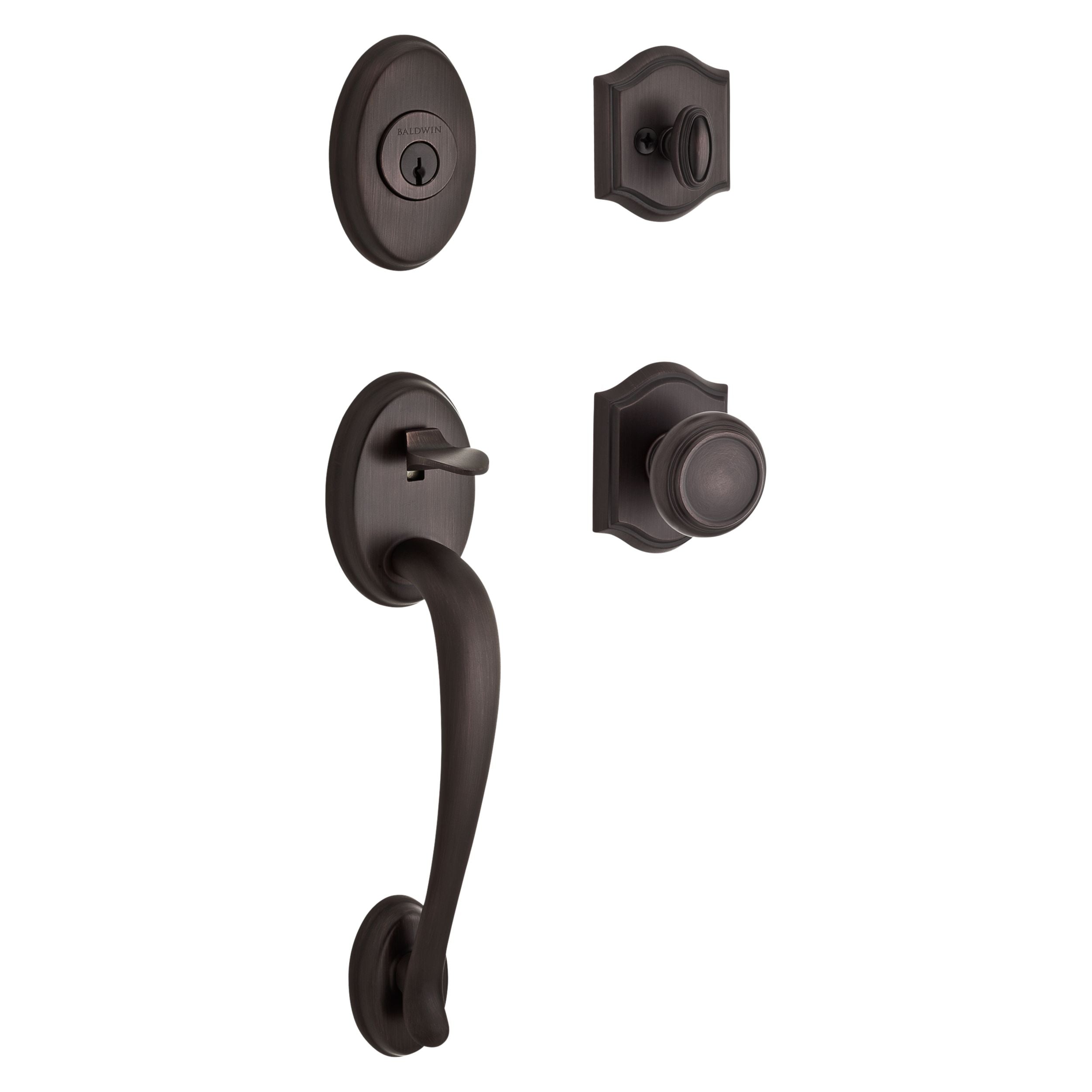 Baldwin Reserve Columbus Handleset x Traditional Knob with Arch Interior