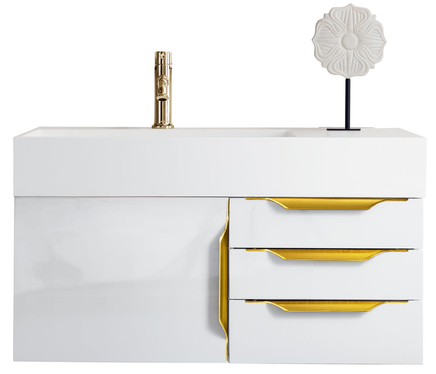 James Martin Vanities Columbia 36" Single Wall Mount Vanity With Radiant Gold Base and Glossy White Composite Stone Top