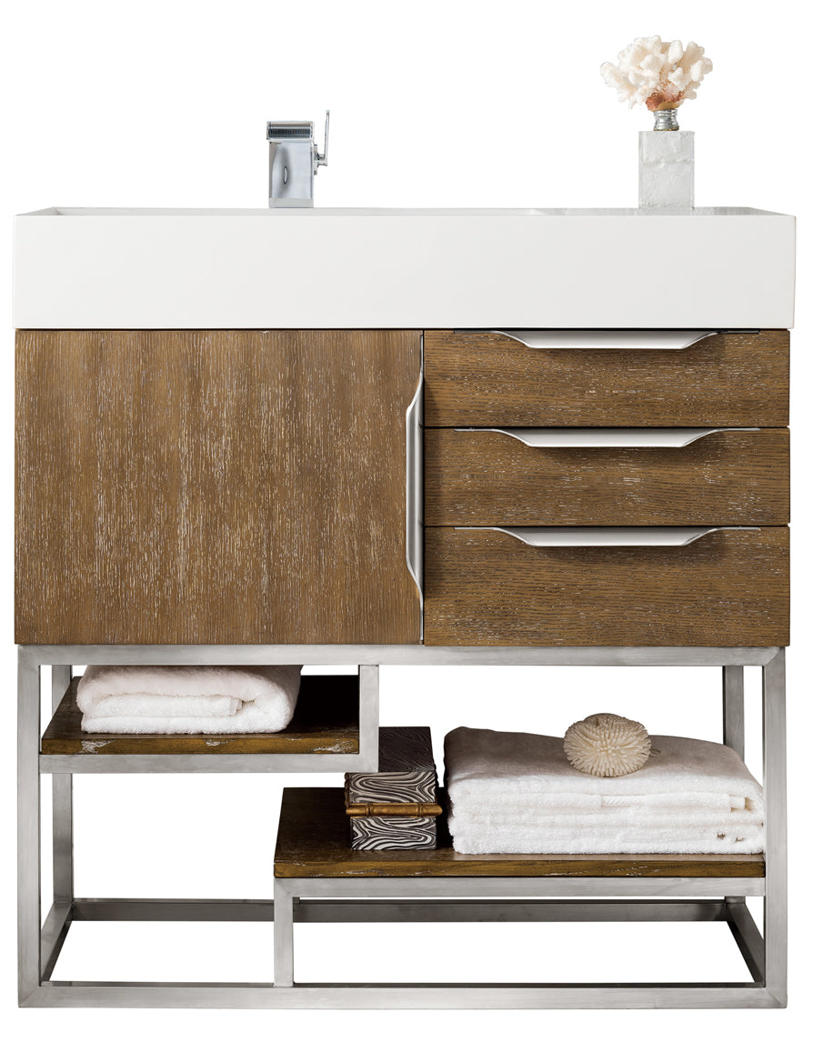 James Martin Vanities Columbia 36" Single Vanity With Brushed Nickel Base And Glossy White Composite Stone Top