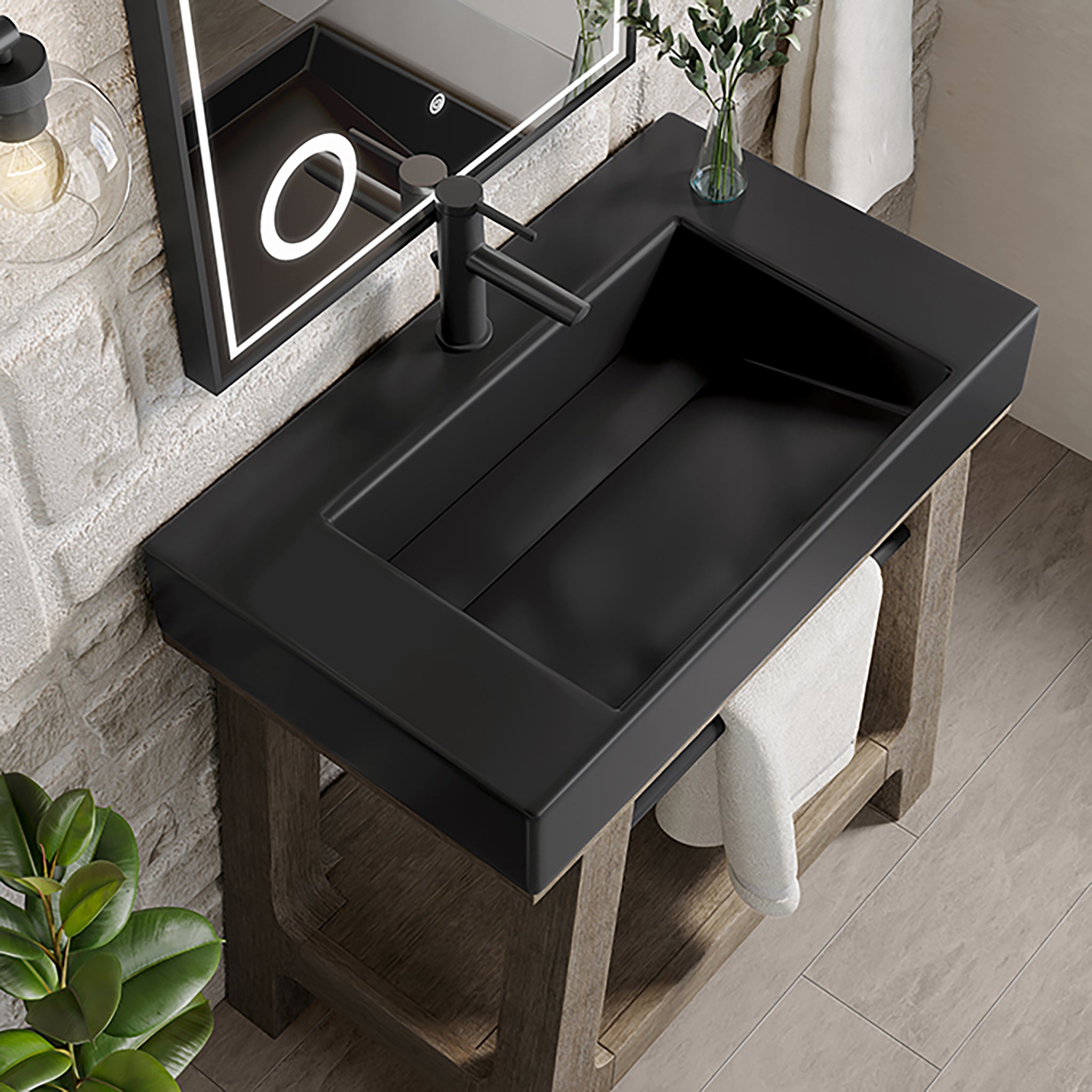 black matte mineral composite stone top console