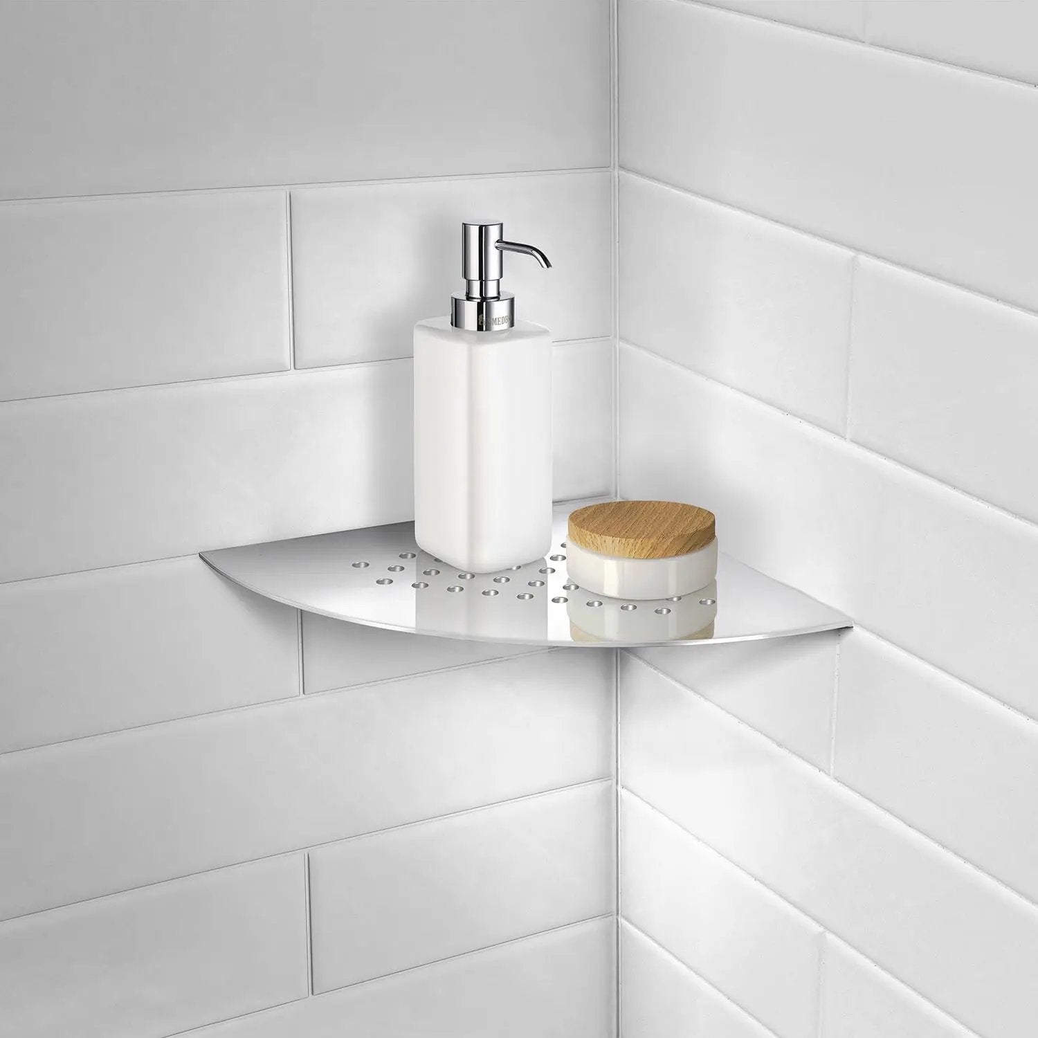 polished stainless steel corner shelf