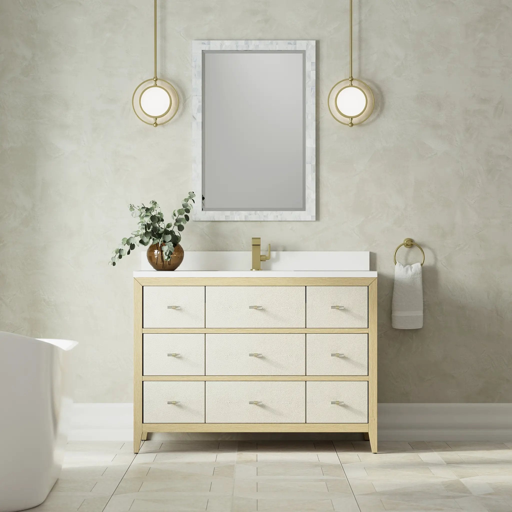 sunwashed oak with embossed shagreen drawer fronts vanity