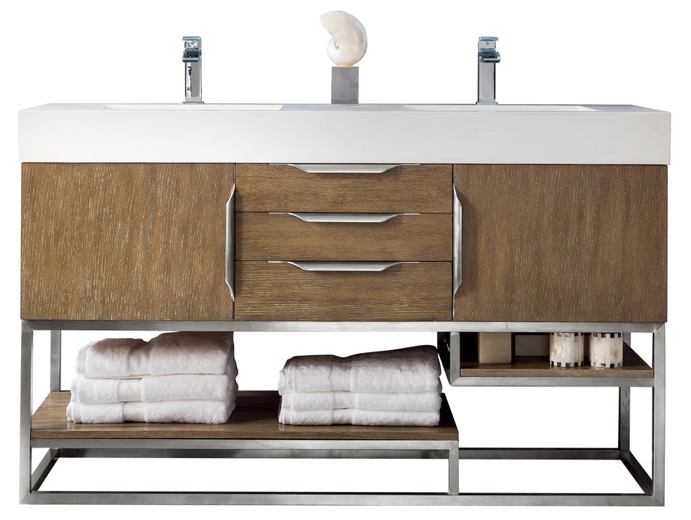 James Martin Vanities Columbia 59" Double Vanity With Brushed Nickel and Glossy White Composite Stone Top