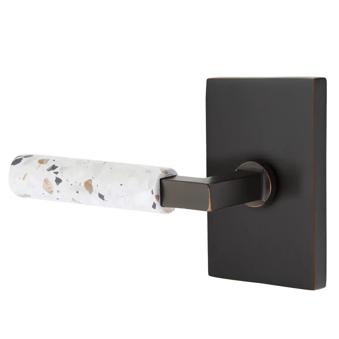 Emtek Light Terrazzo Lever with Modern Rectangular Rosette and L-Square Stem by Emtek