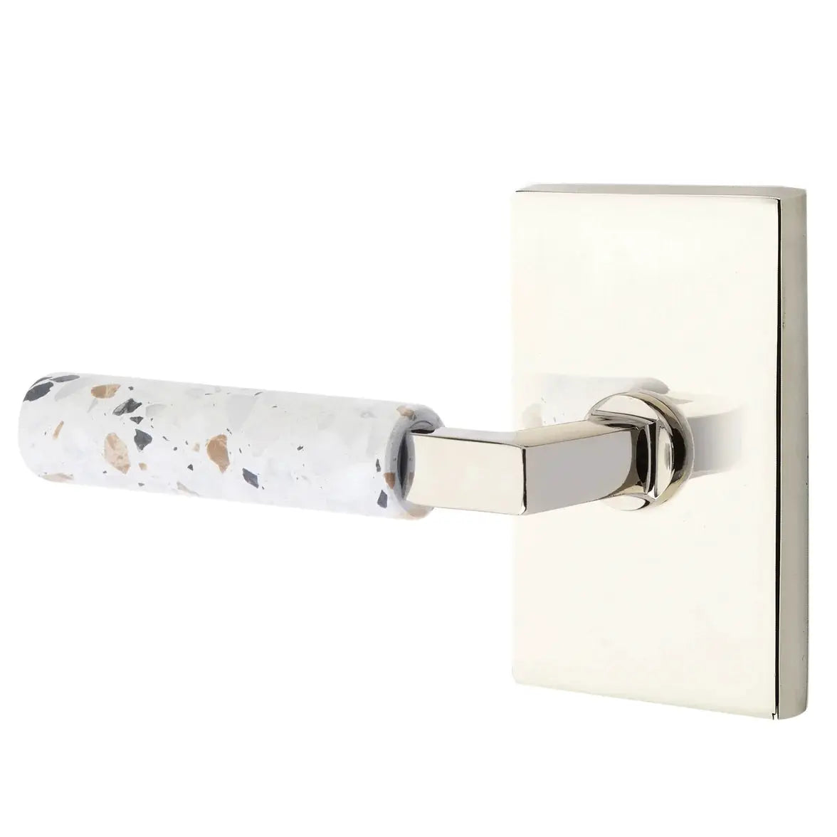 Emtek Light Terrazzo Lever with Modern Rectangular Rosette and L-Square Stem by Emtek