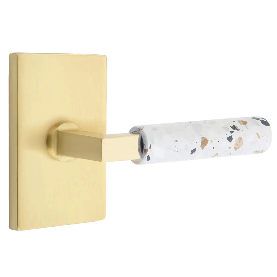 Emtek Light Terrazzo Lever with Modern Rectangular Rosette and L-Square Stem by Emtek