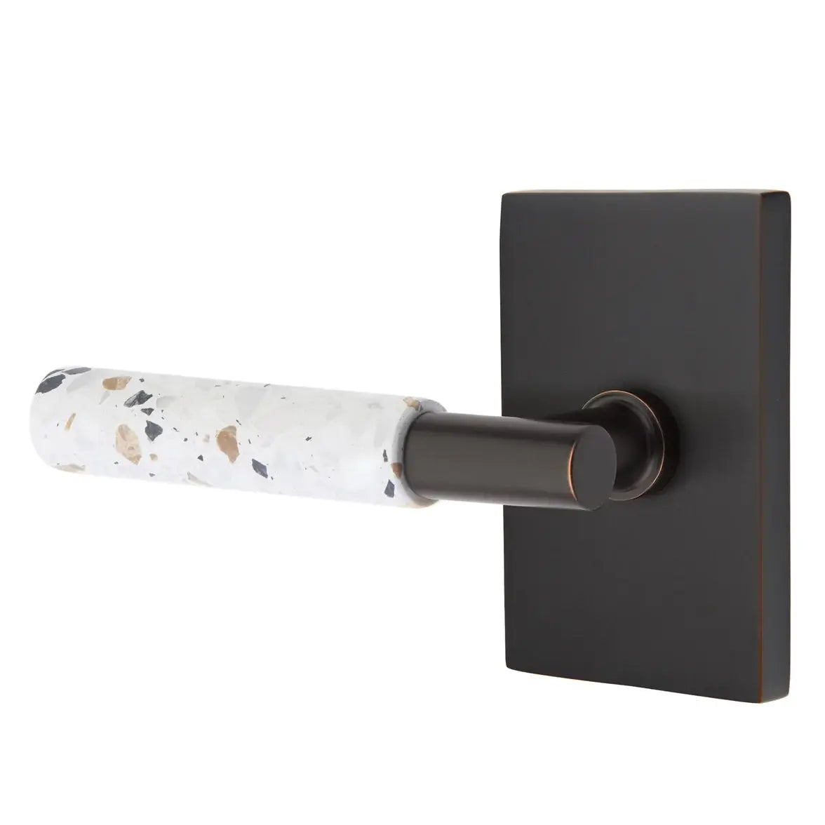 Emtek Light Terrazzo Lever with Modern Rectangular Rosette and T-Bar Stem by Emtek