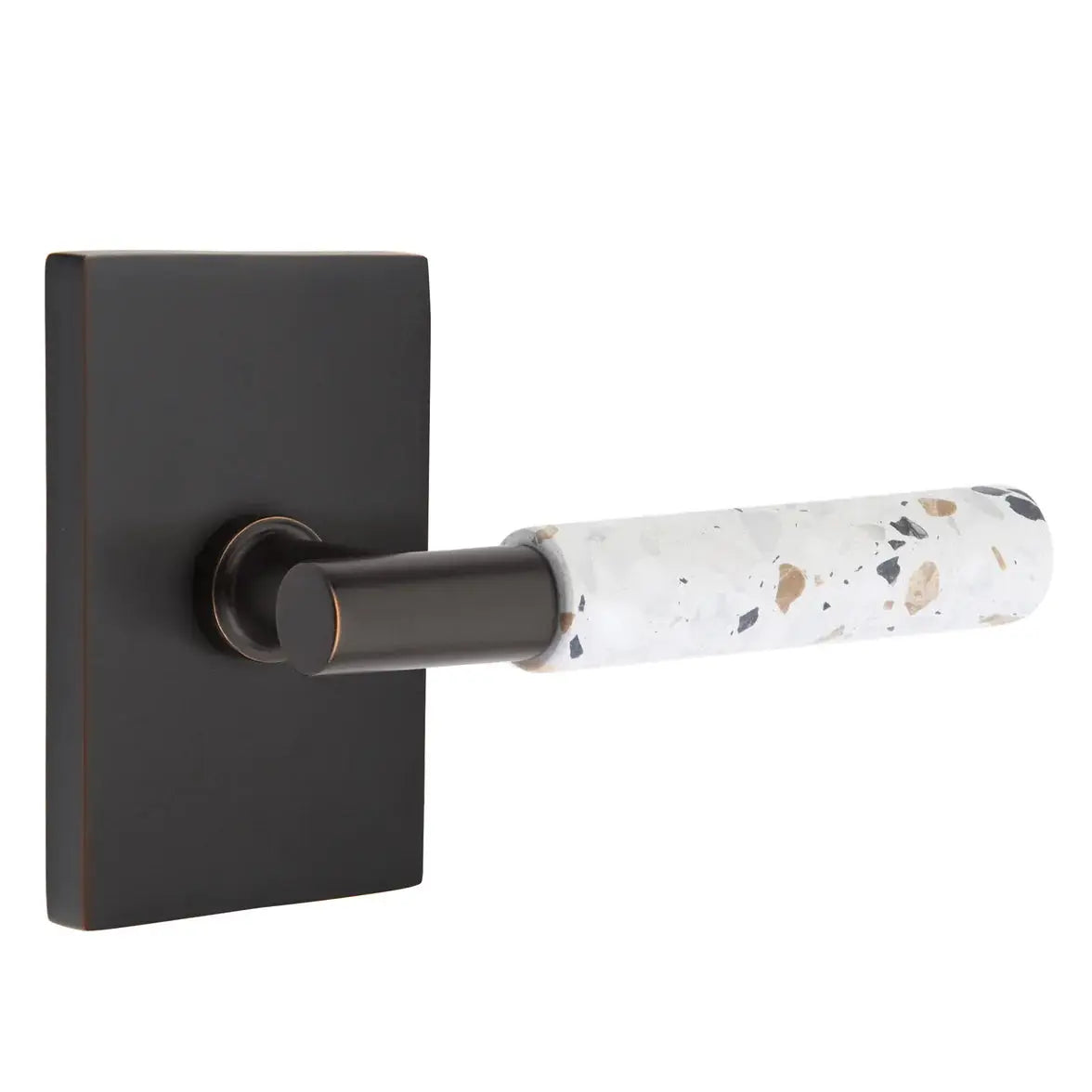 Emtek Light Terrazzo Lever with Modern Rectangular Rosette and T-Bar Stem by Emtek