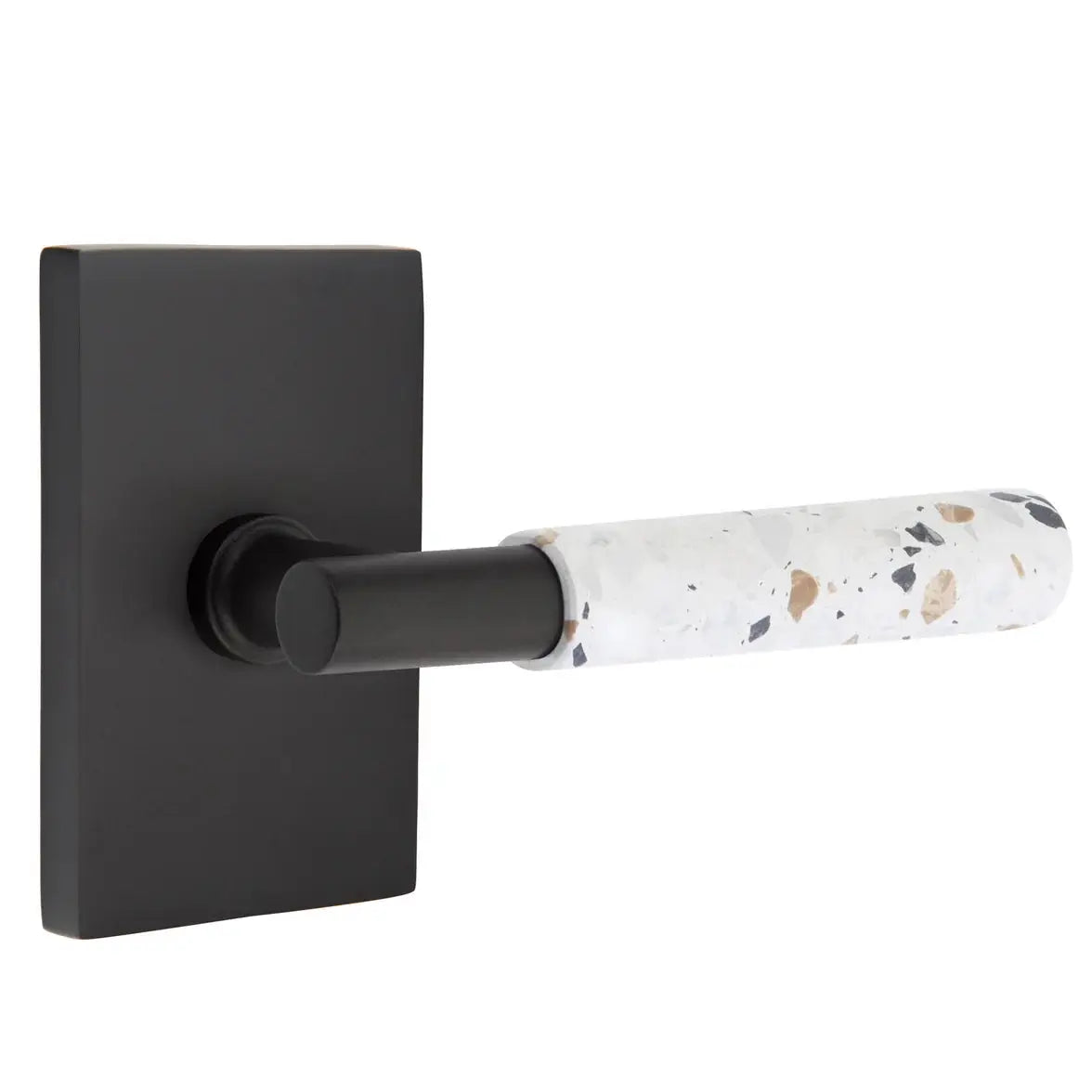 Emtek Light Terrazzo Lever with Modern Rectangular Rosette and T-Bar Stem by Emtek