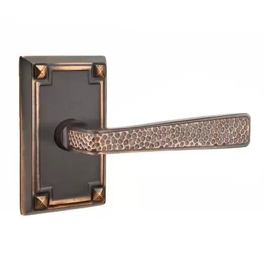 Emtek Hammered Door Lever with Arts and Crafts Rectangular Rose by Emtek