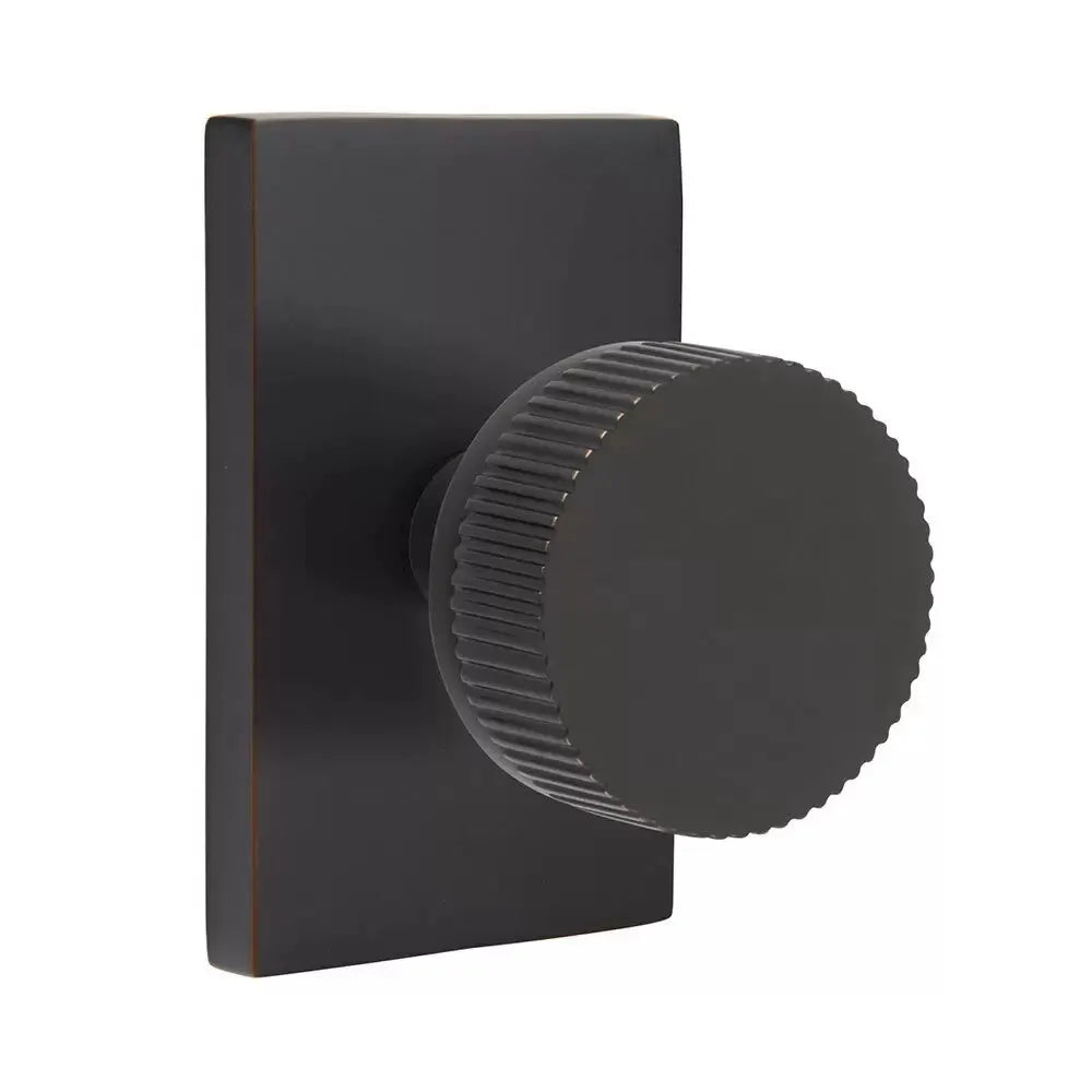 Emtek Straight Knurled Knob with Modern Rectangular Rosette and Conical Stem by Emtek