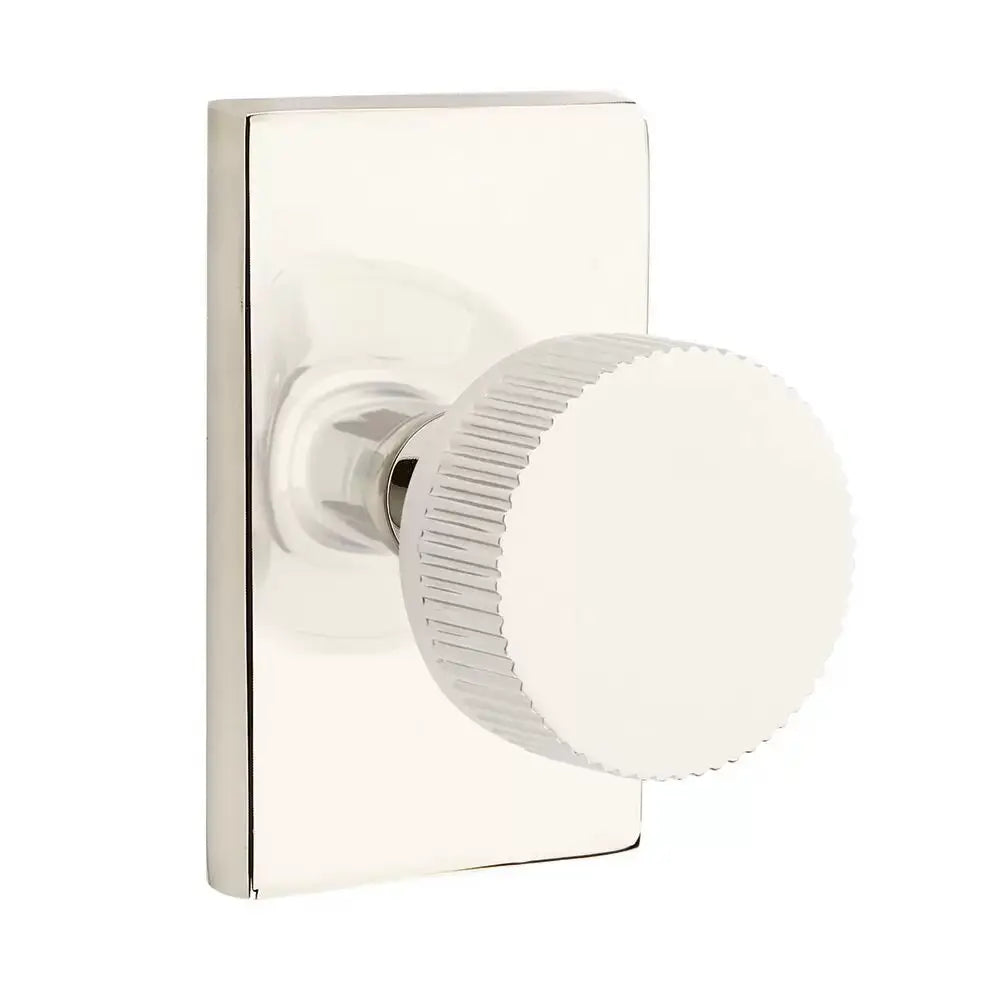 Emtek Straight Knurled Knob with Modern Rectangular Rosette and Conical Stem by Emtek