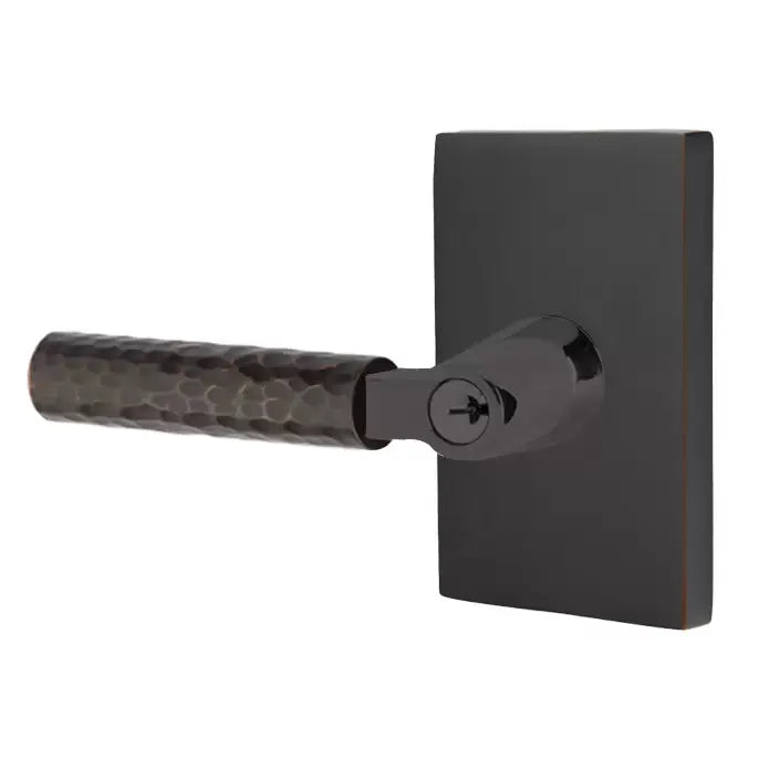 Emtek Hammered Lever with L-Square Stem and Modern Rectangular Rose by Emtek
