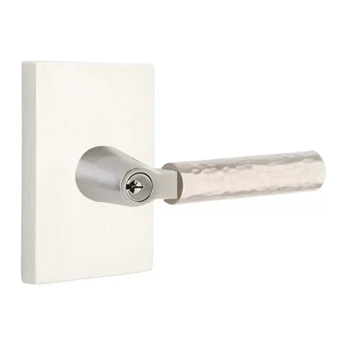 Emtek Hammered Lever with L-Square Stem and Modern Rectangular Rose by Emtek