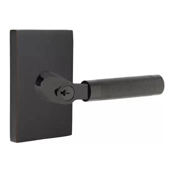 Emtek Knurled Lever with L-Square Stem and Modern Rectangular Rose by Emtek