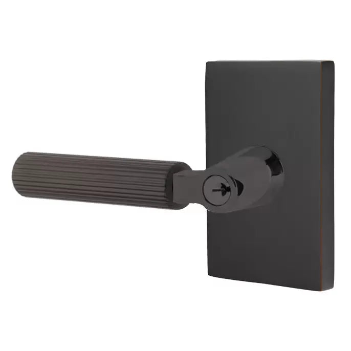 Emtek Straight Knurled Lever with L-Square Stem and Modern Rectangular Rose by Emtek