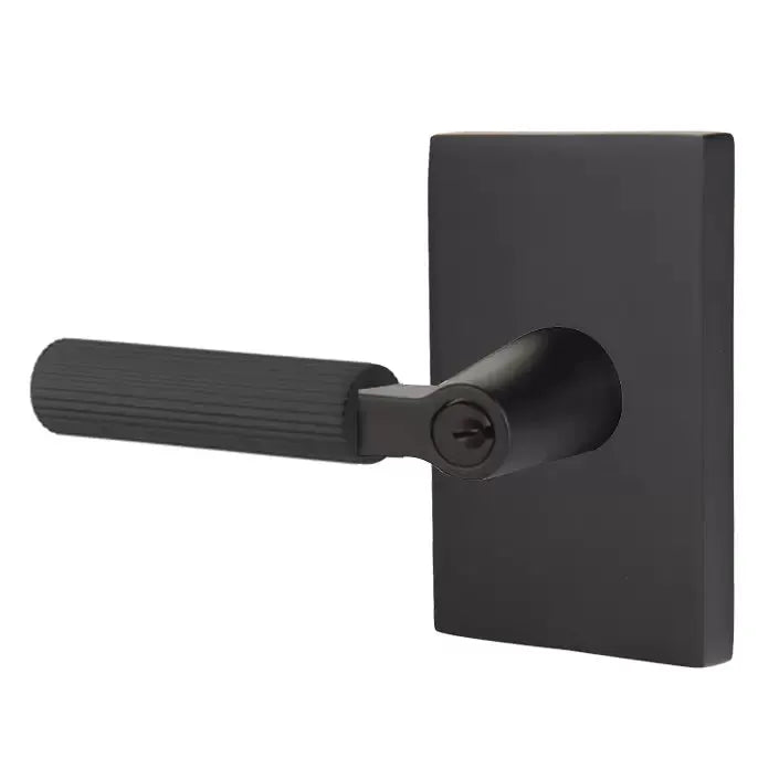 Emtek Straight Knurled Lever with L-Square Stem and Modern Rectangular Rose by Emtek