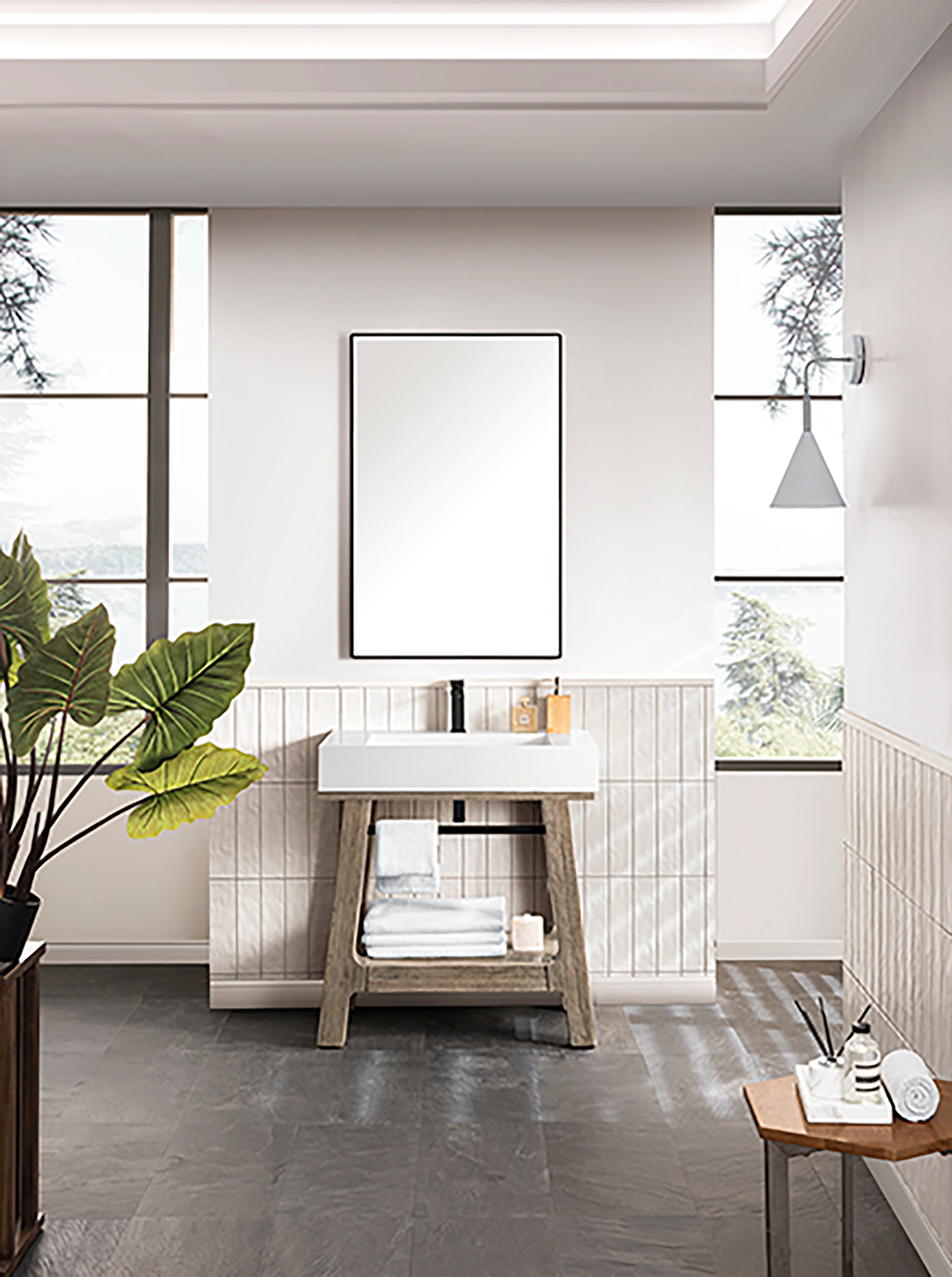 glossy white mineral composite stone top console