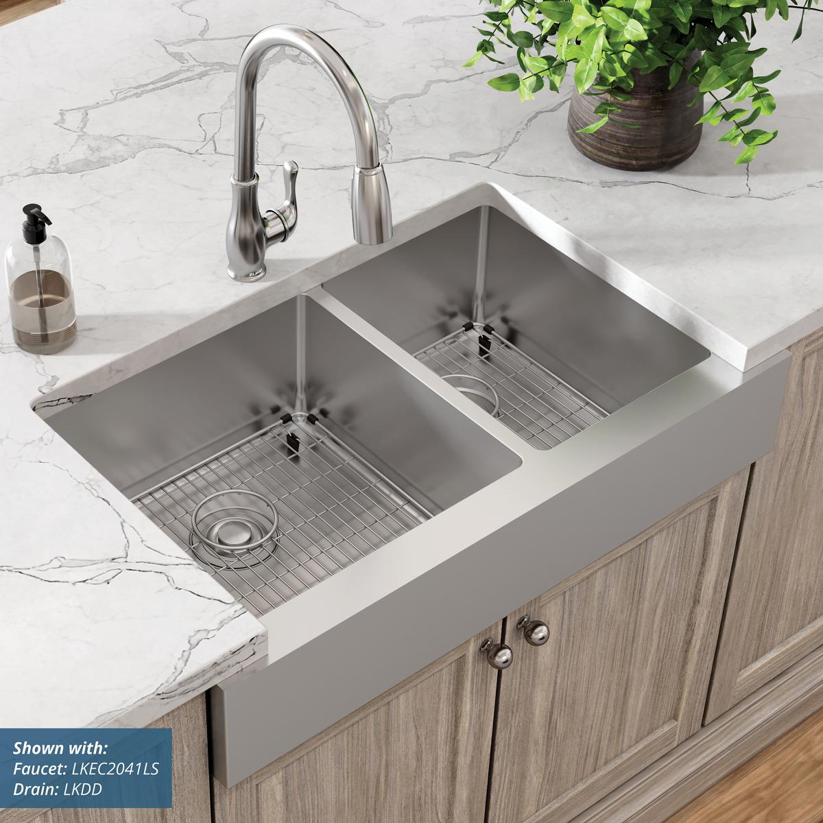polished satin double bowl farmhouse sink kit